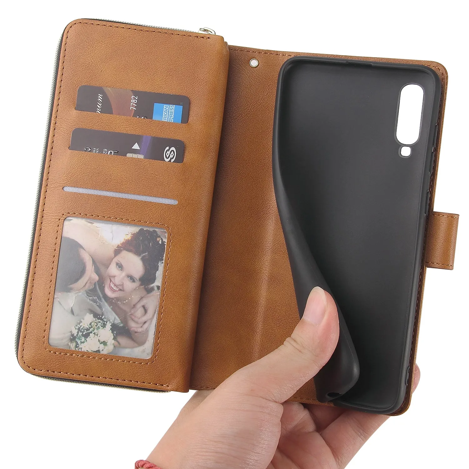 For Samsung A10/A20/A30/A50/A30S/A50S Pu Leather  Mobile Phone Cover Zipper Card Bag   Wrist Strap brown