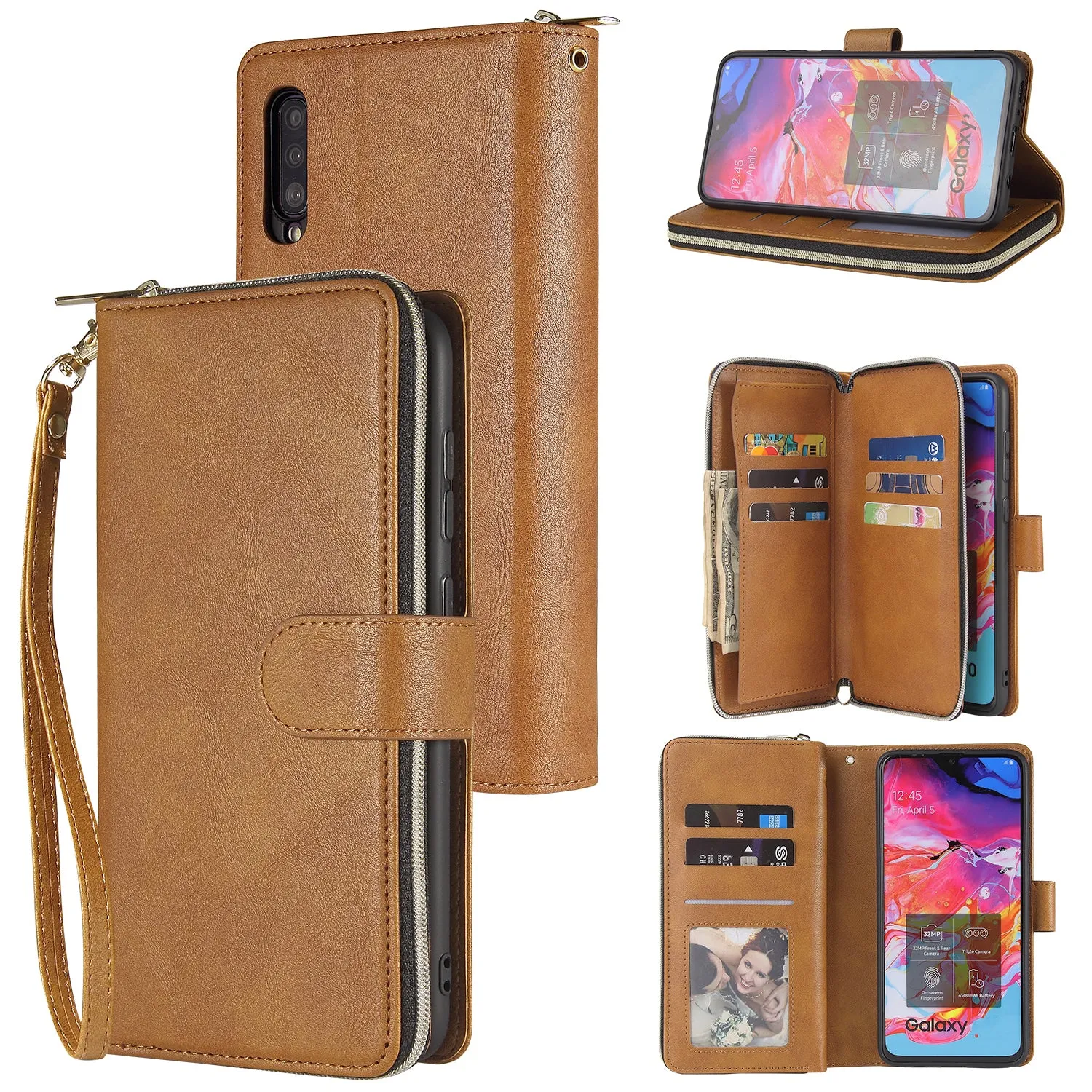 For Samsung A10/A20/A30/A50/A30S/A50S Pu Leather  Mobile Phone Cover Zipper Card Bag   Wrist Strap brown