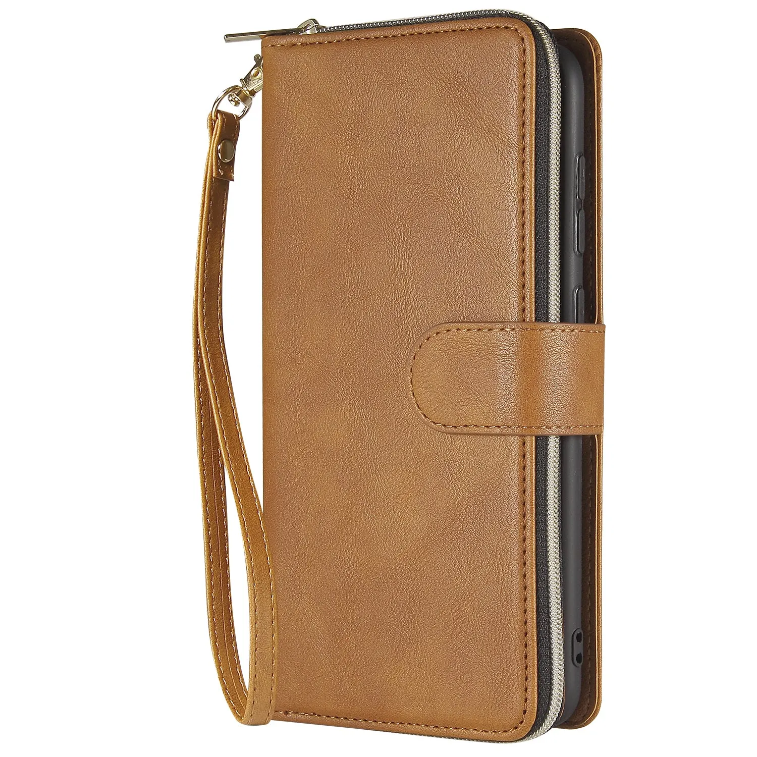 For Samsung A10/A20/A30/A50/A30S/A50S Pu Leather  Mobile Phone Cover Zipper Card Bag   Wrist Strap brown