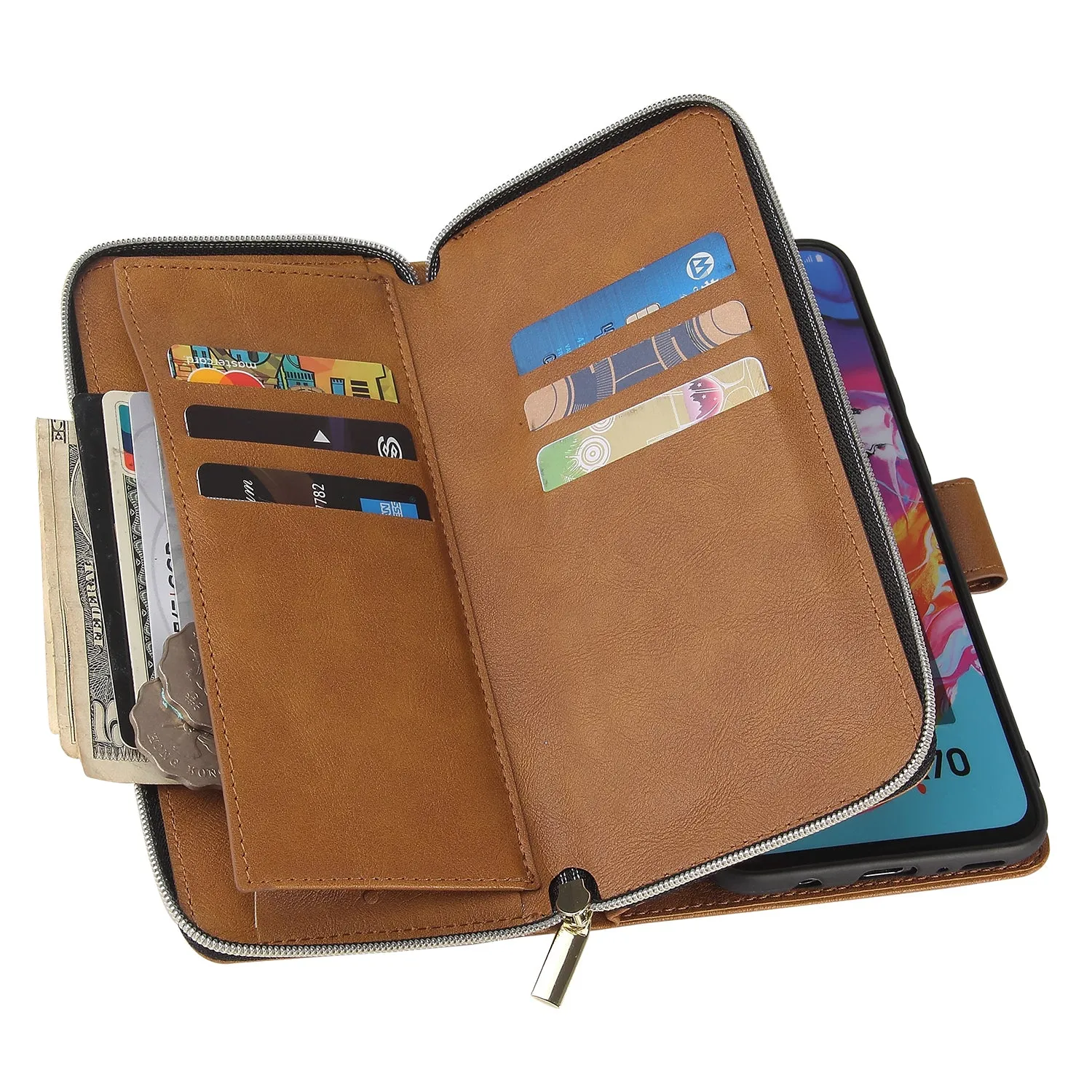 For Samsung A10/A20/A30/A50/A30S/A50S Pu Leather  Mobile Phone Cover Zipper Card Bag   Wrist Strap brown