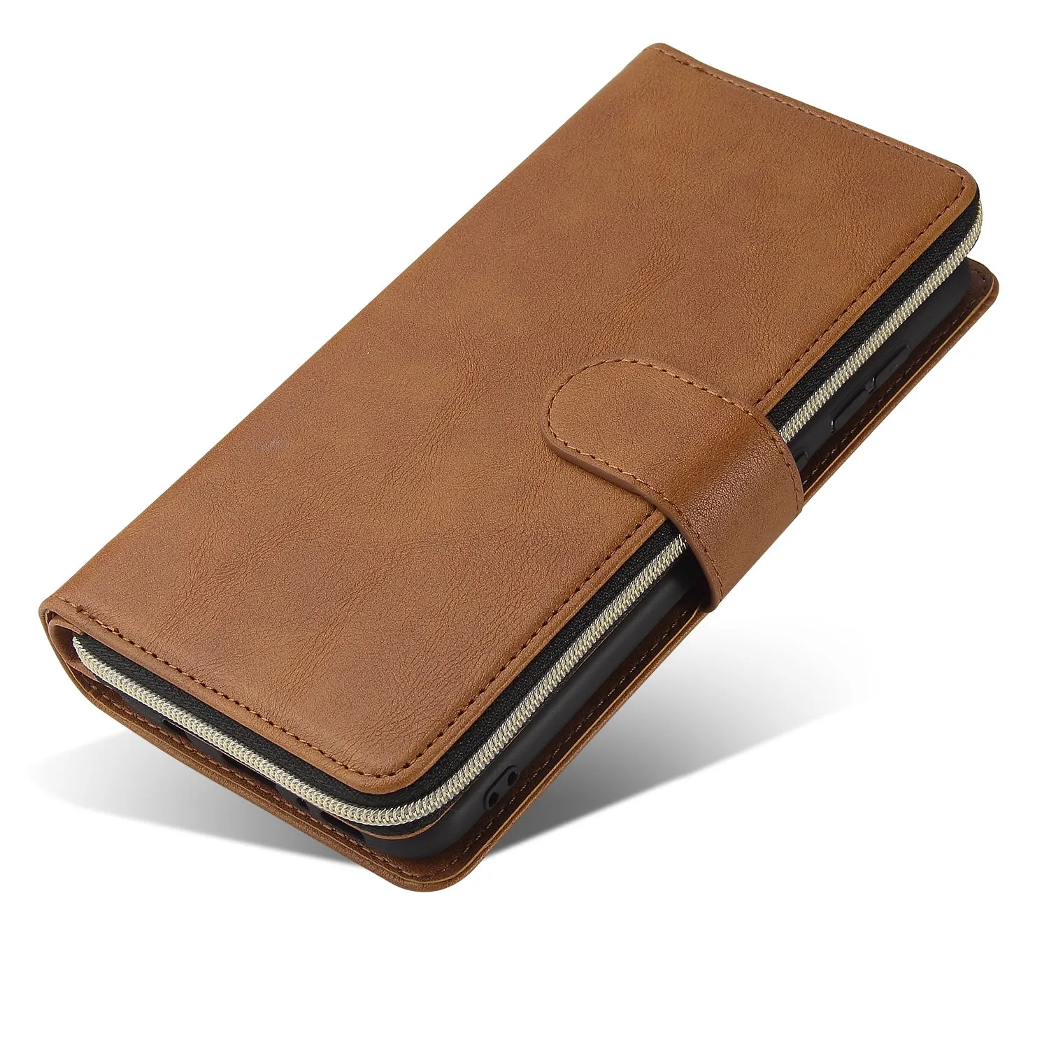 For Samsung A10/A20/A30/A50/A30S/A50S Pu Leather  Mobile Phone Cover Zipper Card Bag   Wrist Strap brown