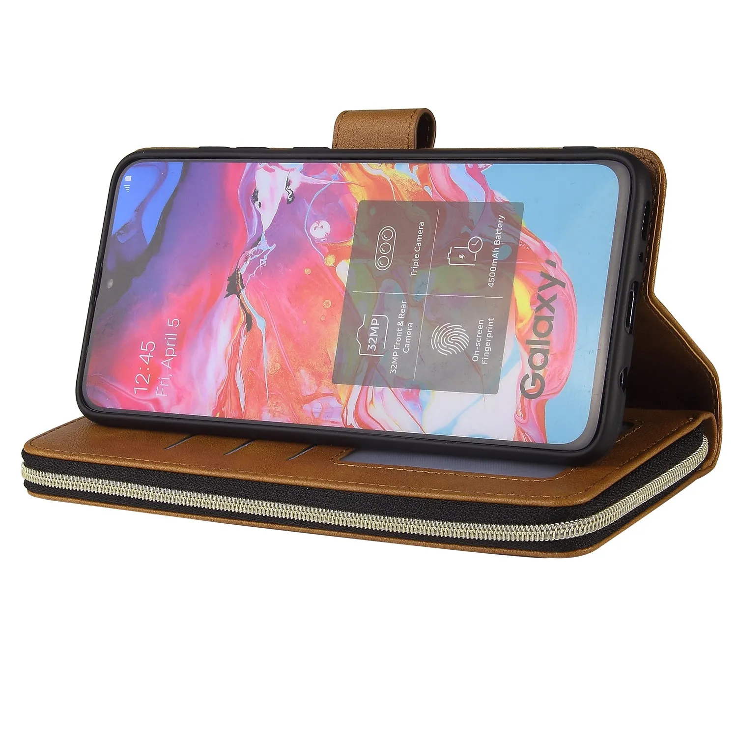 For Samsung A10/A20/A30/A50/A30S/A50S Pu Leather  Mobile Phone Cover Zipper Card Bag   Wrist Strap brown