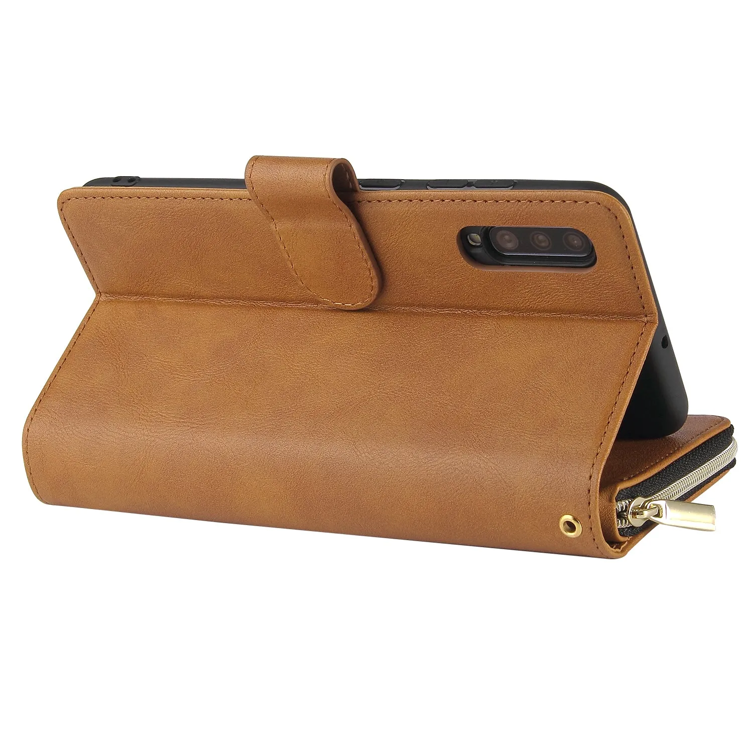 For Samsung A10/A20/A30/A50/A30S/A50S Pu Leather  Mobile Phone Cover Zipper Card Bag   Wrist Strap brown