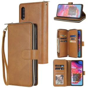 For Samsung A10/A20/A30/A50/A30S/A50S Pu Leather  Mobile Phone Cover Zipper Card Bag   Wrist Strap brown