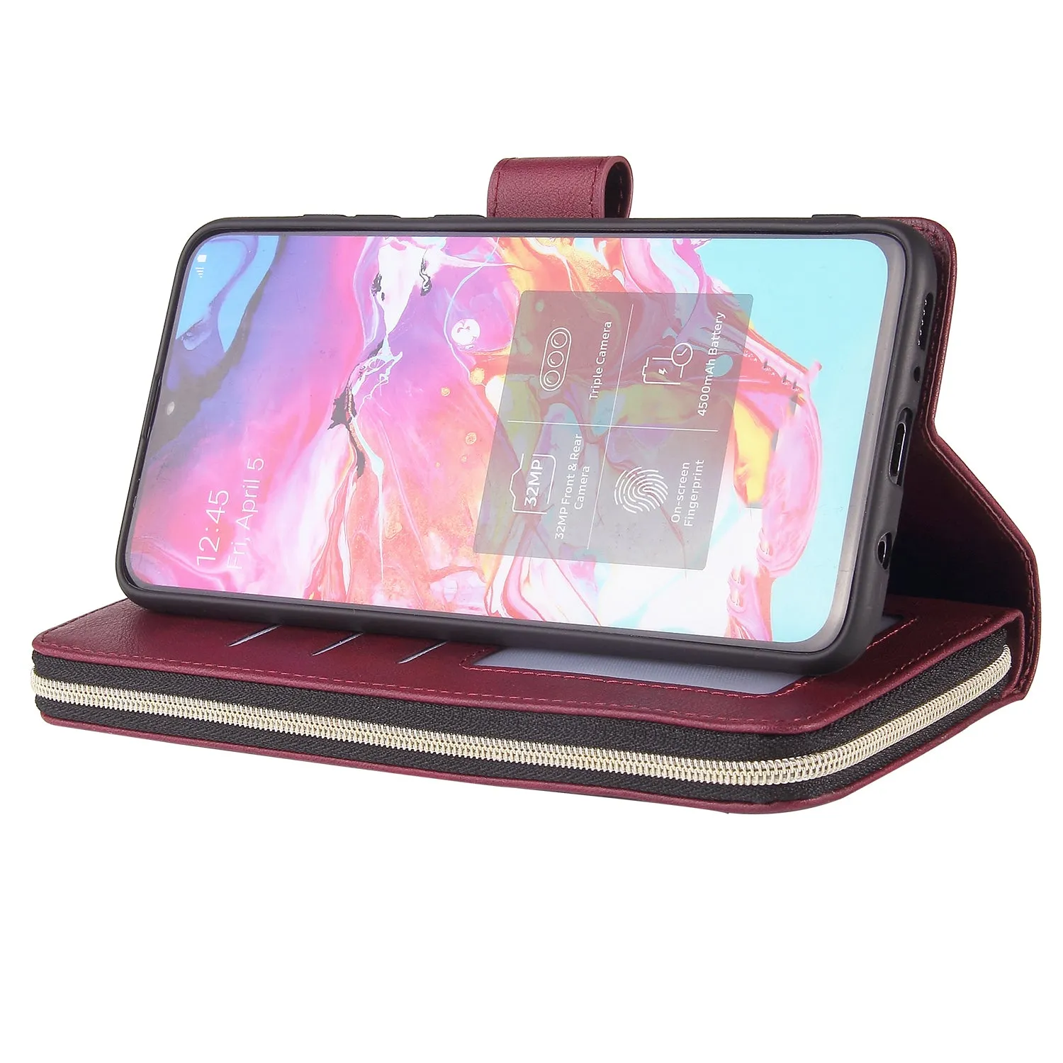 For Samsung A10/A20/A30/A50/A30S/A50S Pu Leather  Mobile Phone Cover Zipper Card Bag   Wrist Strap Red wine