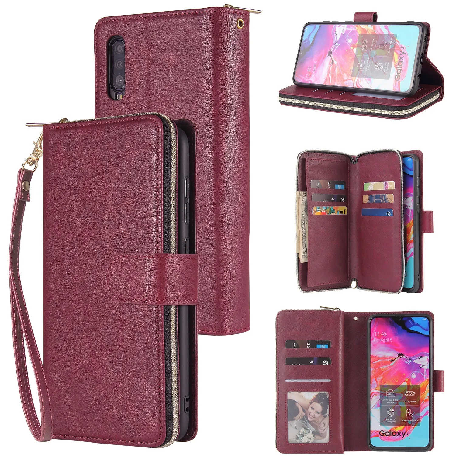 For Samsung A10/A20/A30/A50/A30S/A50S Pu Leather  Mobile Phone Cover Zipper Card Bag   Wrist Strap Red wine