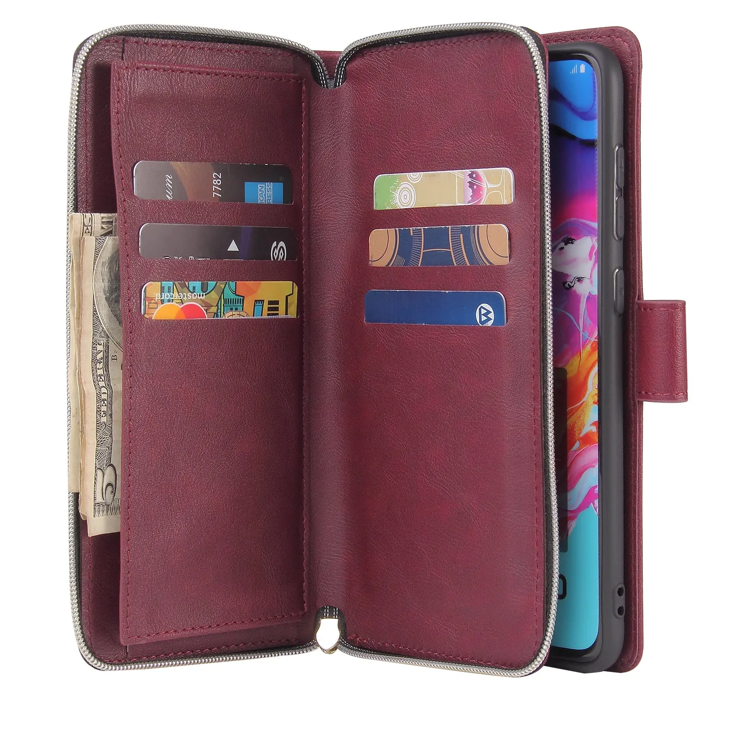 For Samsung A10/A20/A30/A50/A30S/A50S Pu Leather  Mobile Phone Cover Zipper Card Bag   Wrist Strap Red wine