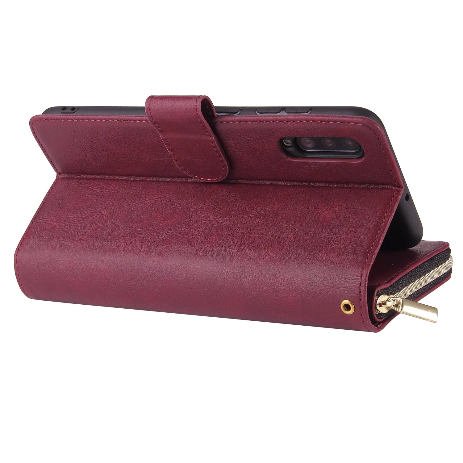 For Samsung A10/A20/A30/A50/A30S/A50S Pu Leather  Mobile Phone Cover Zipper Card Bag   Wrist Strap Red wine
