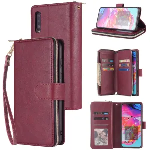 For Samsung A10/A20/A30/A50/A30S/A50S Pu Leather  Mobile Phone Cover Zipper Card Bag   Wrist Strap Red wine