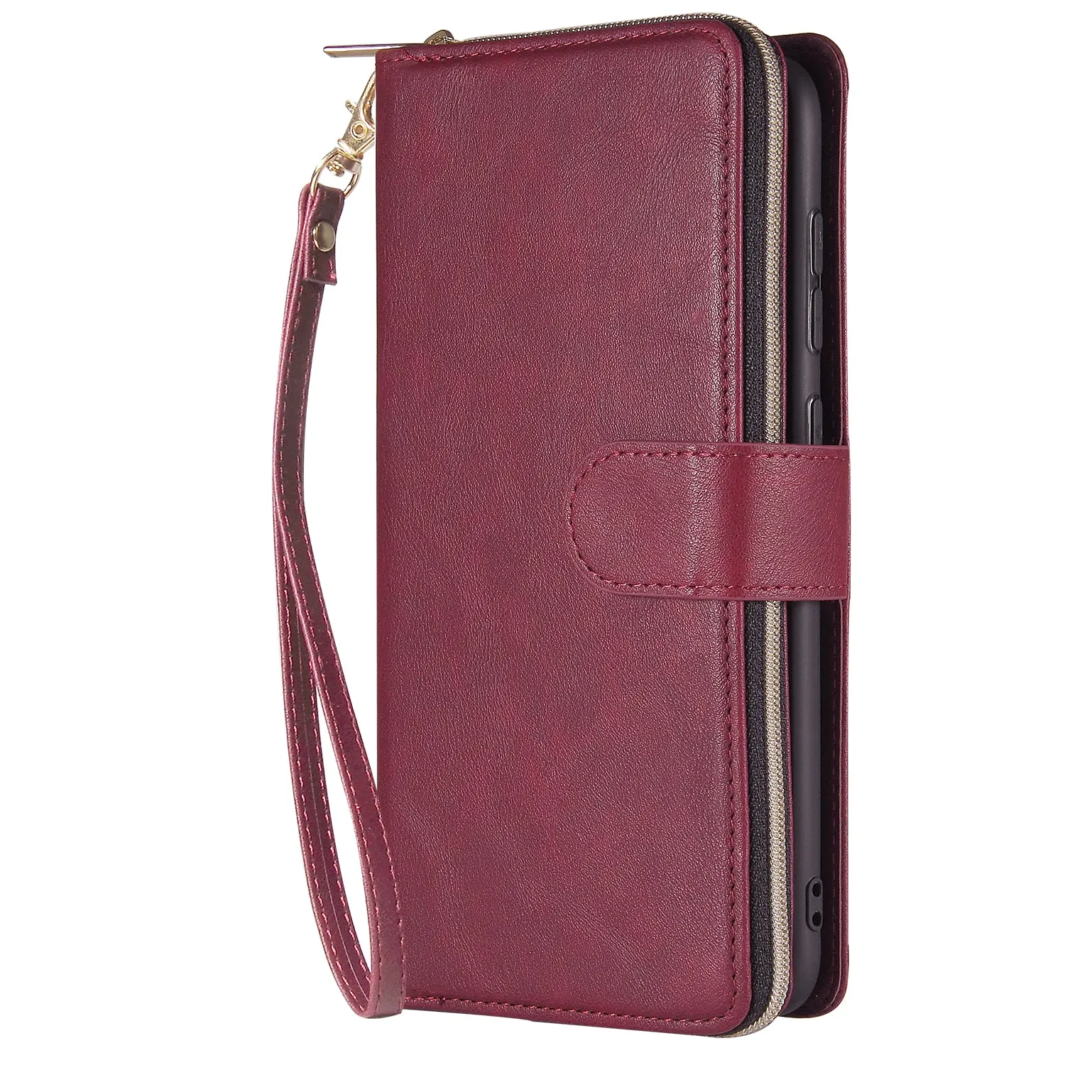 For Samsung A10/A20/A30/A50/A30S/A50S Pu Leather  Mobile Phone Cover Zipper Card Bag   Wrist Strap Red wine