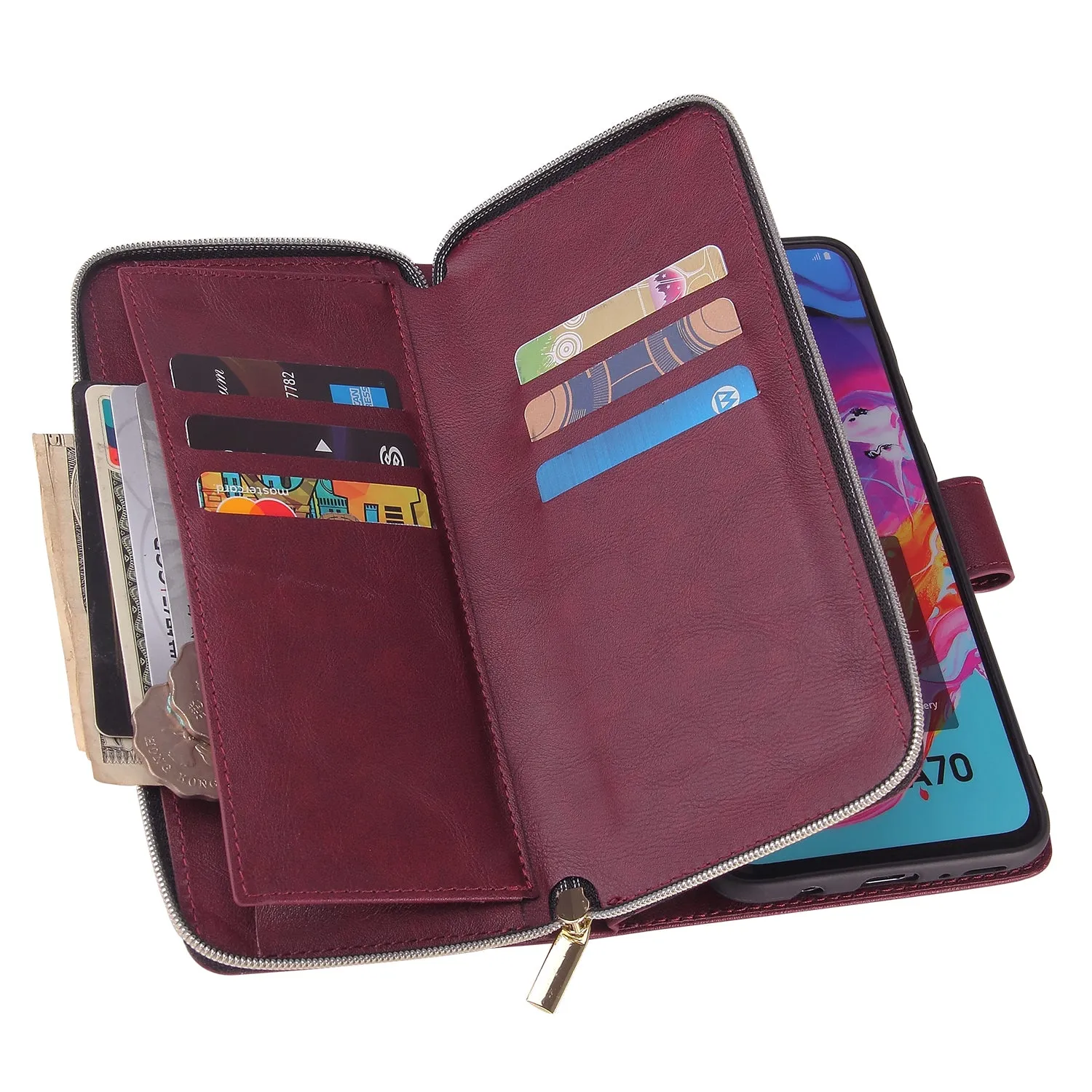 For Samsung A10/A20/A30/A50/A30S/A50S Pu Leather  Mobile Phone Cover Zipper Card Bag   Wrist Strap Red wine
