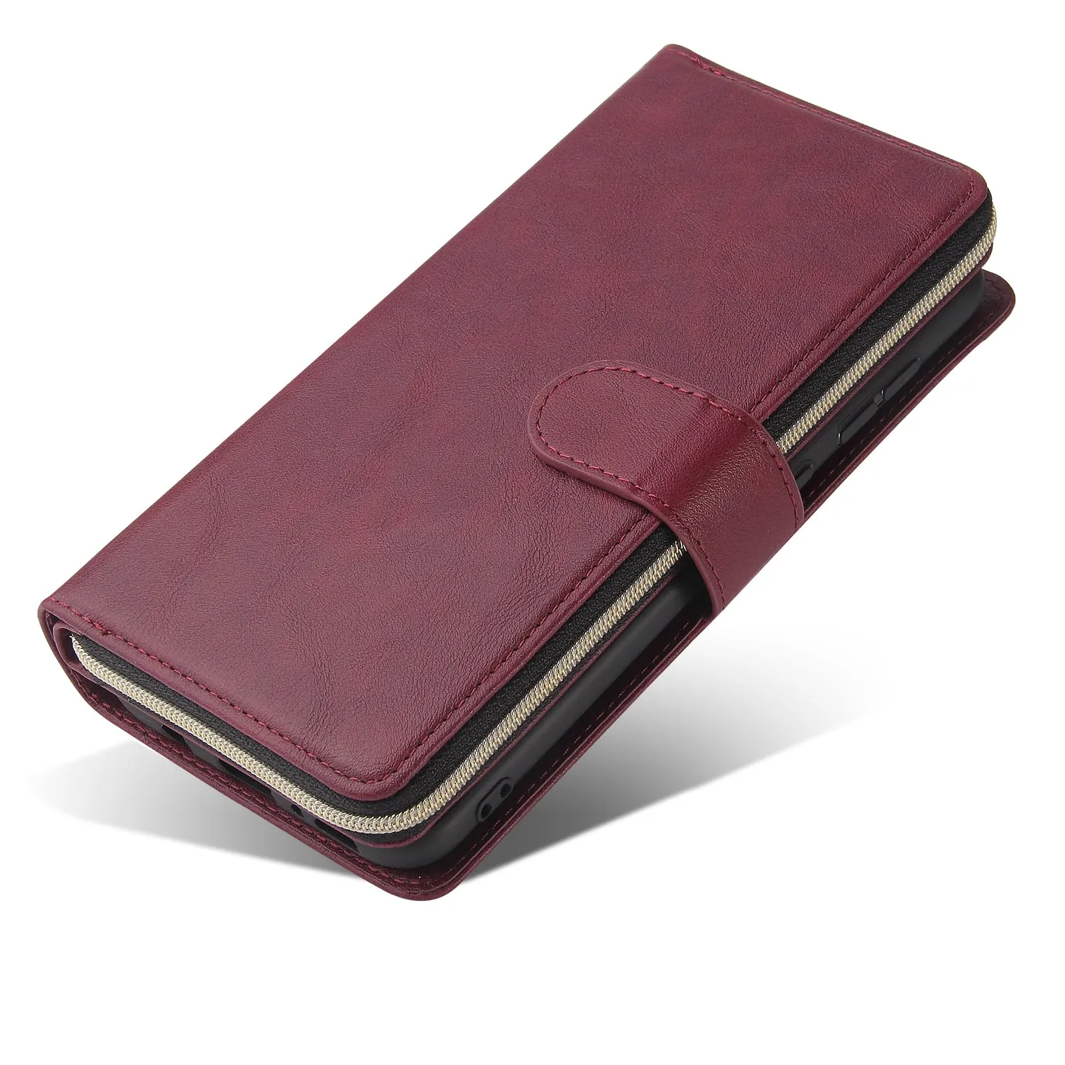 For Samsung A10/A20/A30/A50/A30S/A50S Pu Leather  Mobile Phone Cover Zipper Card Bag   Wrist Strap Red wine