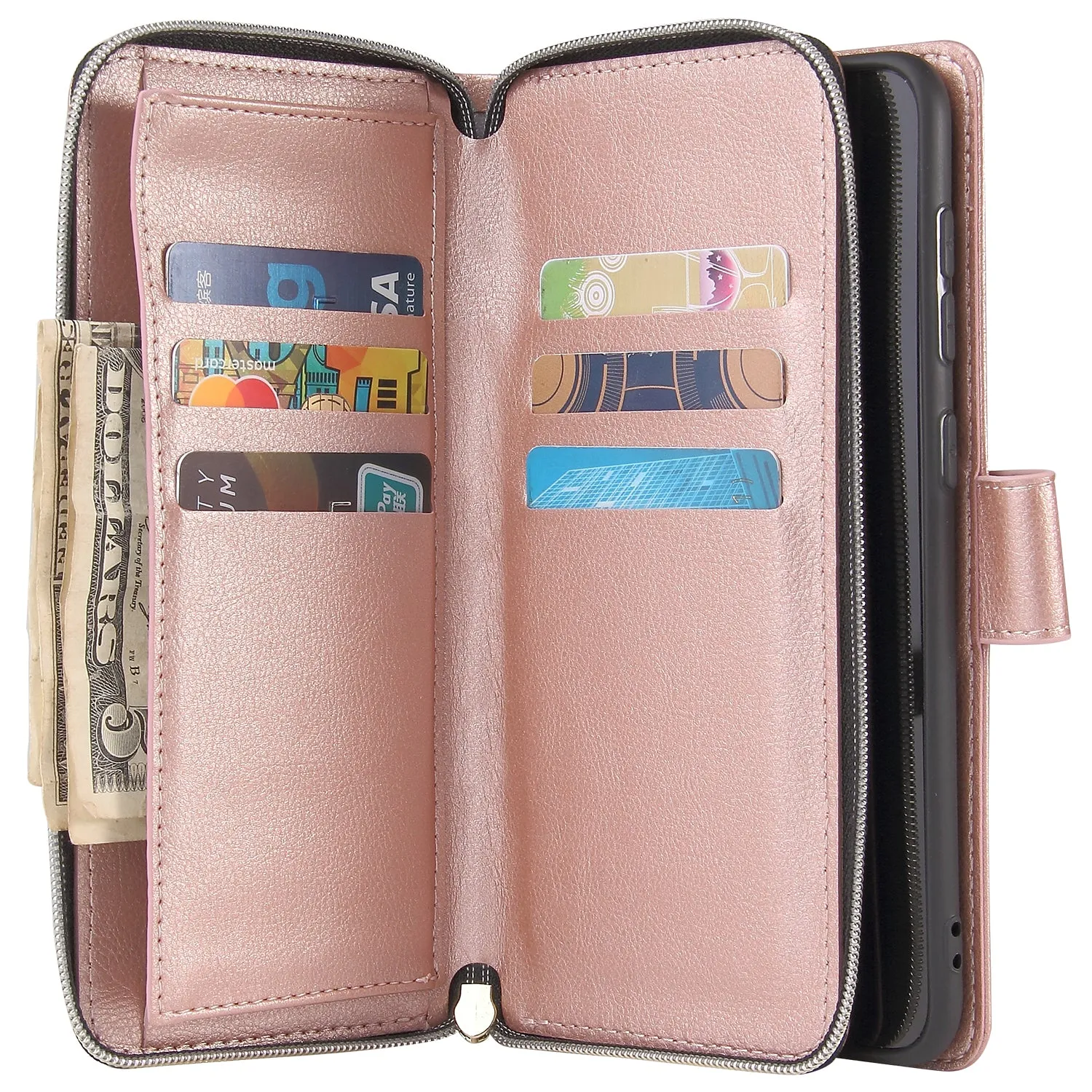 For Samsung A10/A20/A30/A50/A30S/A50S Pu Leather  Mobile Phone Cover Zipper Card Bag   Wrist Strap Rose gold