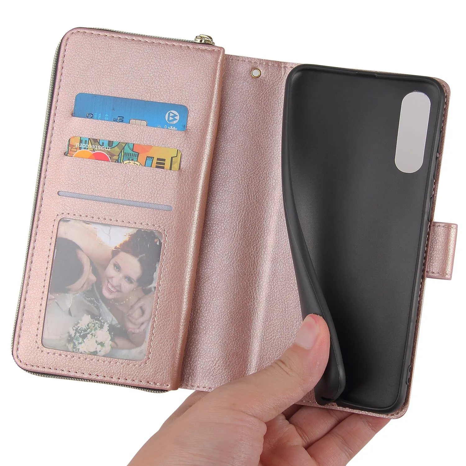 For Samsung A10/A20/A30/A50/A30S/A50S Pu Leather  Mobile Phone Cover Zipper Card Bag   Wrist Strap Rose gold