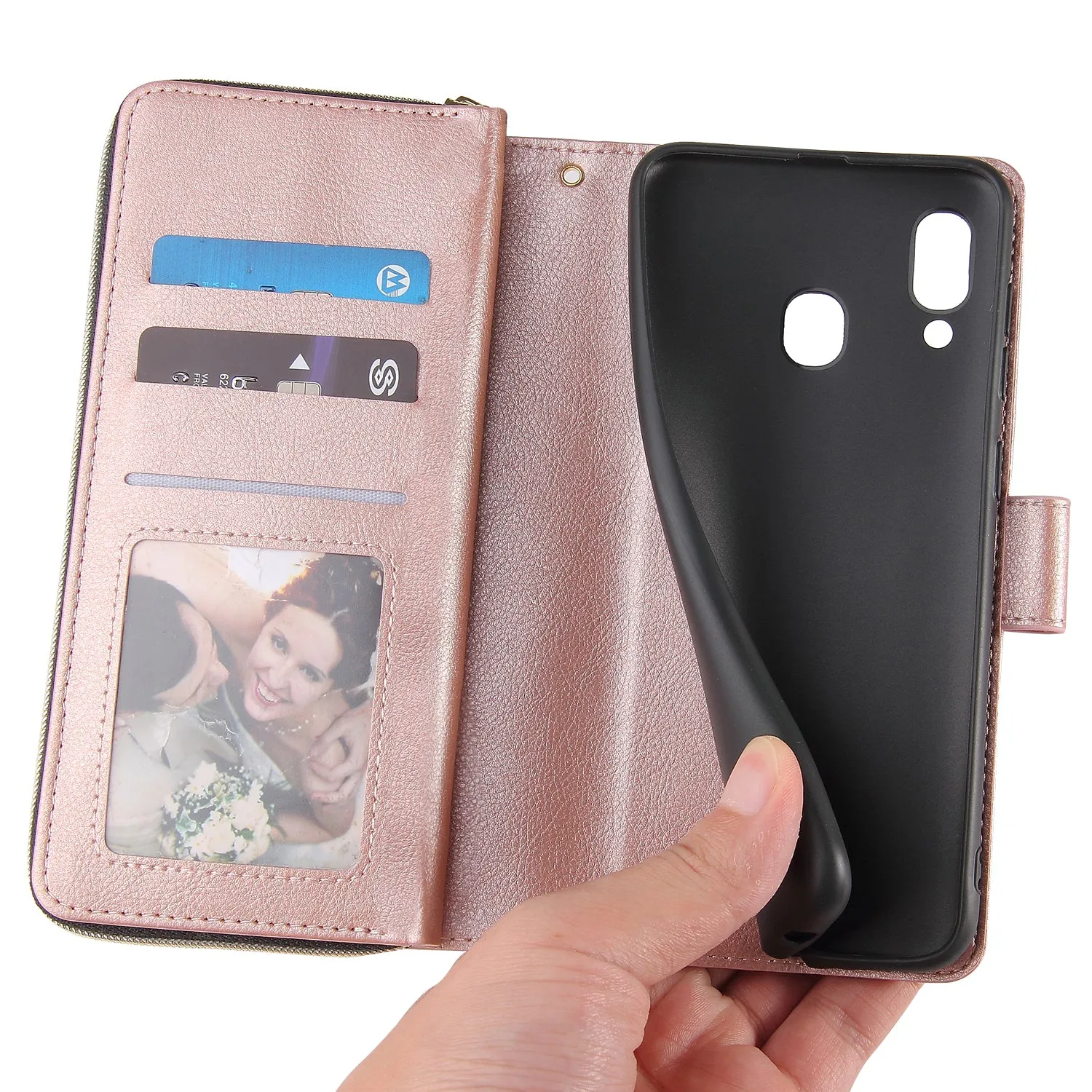 For Samsung A10/A20/A30/A50/A30S/A50S Pu Leather  Mobile Phone Cover Zipper Card Bag   Wrist Strap Rose gold