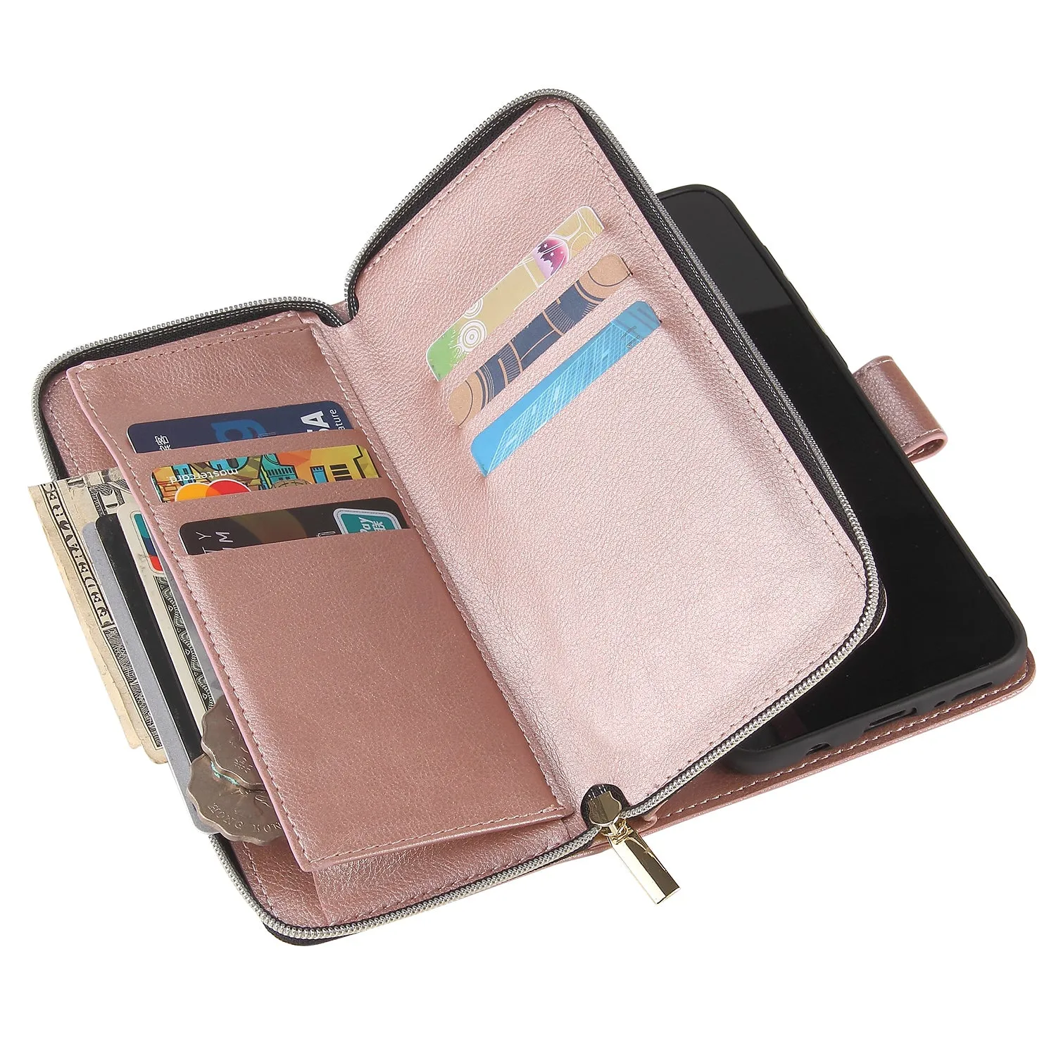For Samsung A10/A20/A30/A50/A30S/A50S Pu Leather  Mobile Phone Cover Zipper Card Bag   Wrist Strap Rose gold