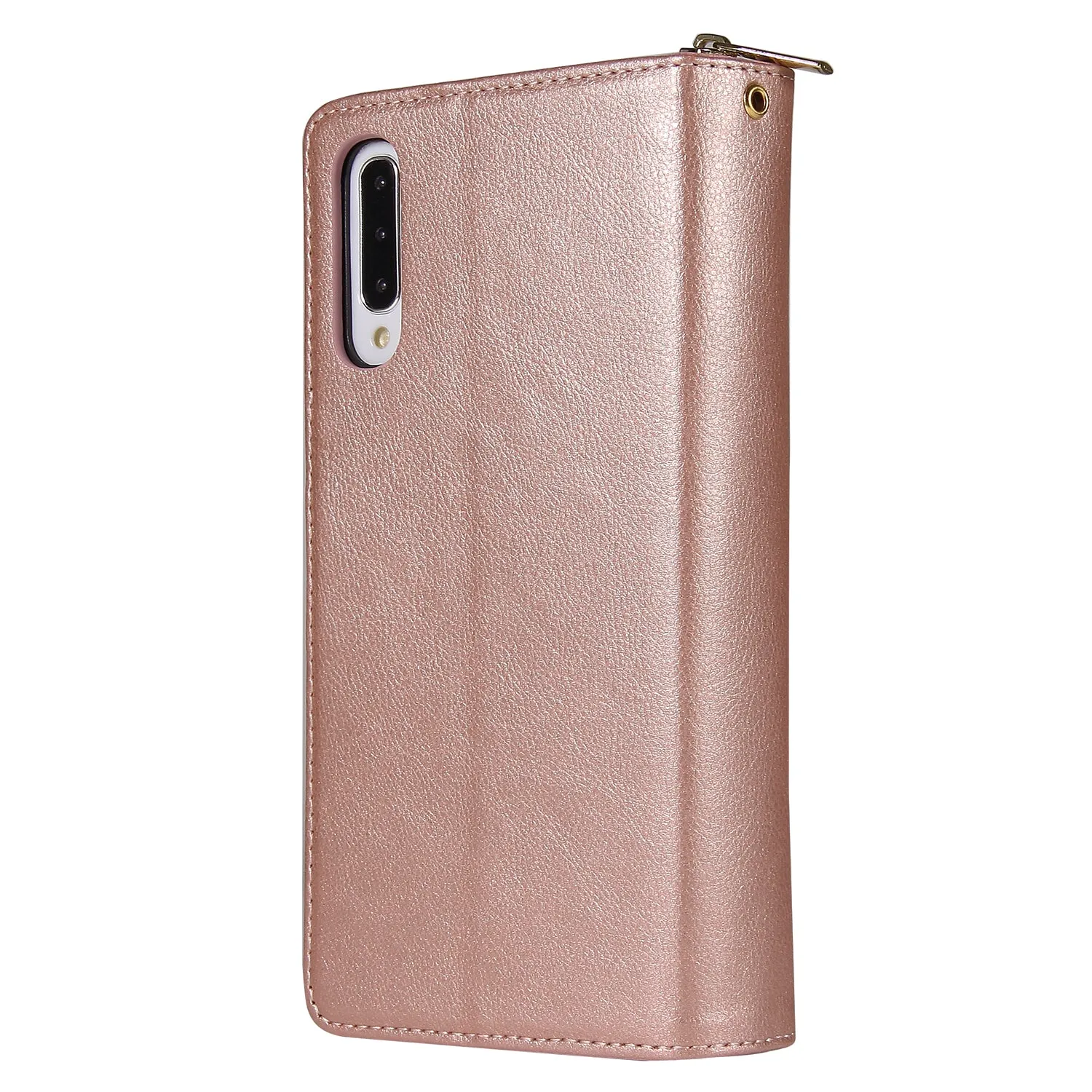 For Samsung A10/A20/A30/A50/A30S/A50S Pu Leather  Mobile Phone Cover Zipper Card Bag   Wrist Strap Rose gold