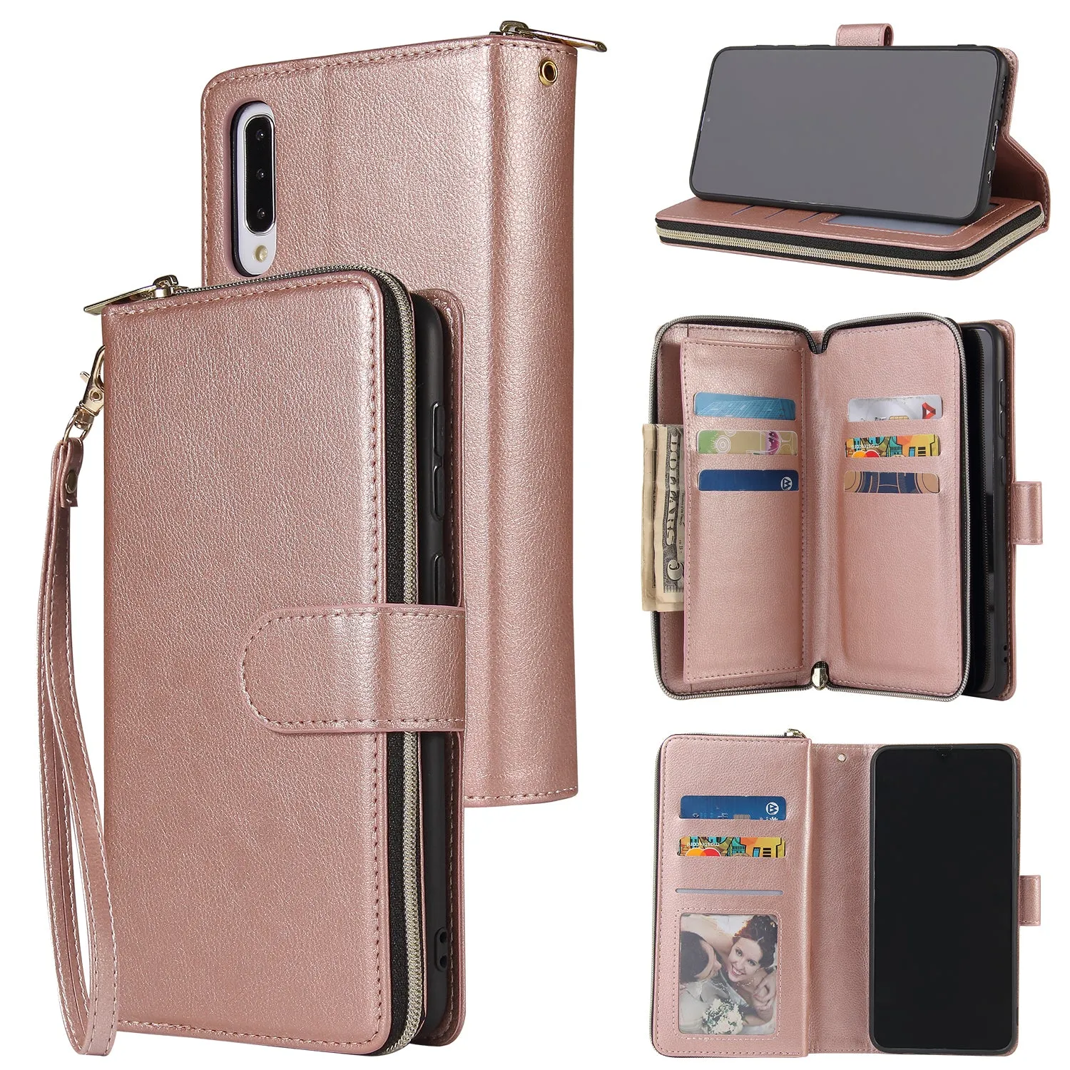 For Samsung A10/A20/A30/A50/A30S/A50S Pu Leather  Mobile Phone Cover Zipper Card Bag   Wrist Strap Rose gold