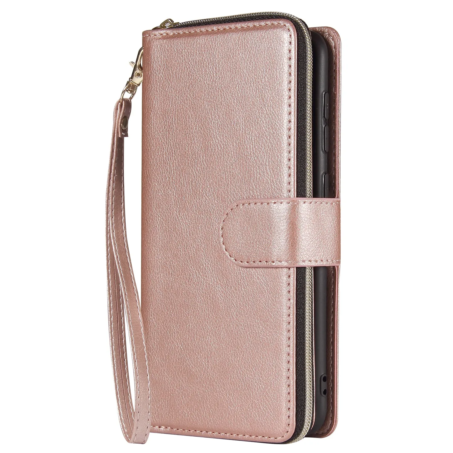 For Samsung A10/A20/A30/A50/A30S/A50S Pu Leather  Mobile Phone Cover Zipper Card Bag   Wrist Strap Rose gold