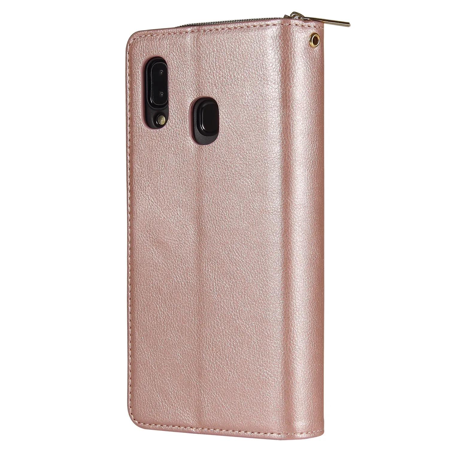 For Samsung A10/A20/A30/A50/A30S/A50S Pu Leather  Mobile Phone Cover Zipper Card Bag   Wrist Strap Rose gold