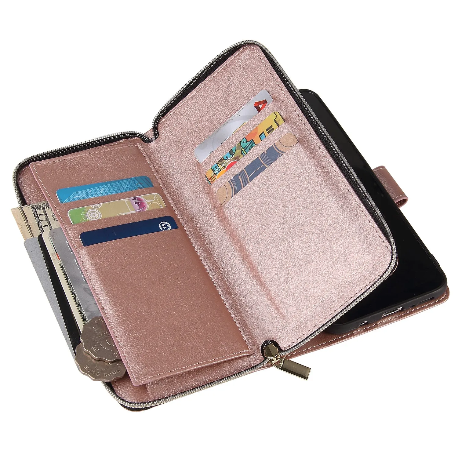 For Samsung A10/A20/A30/A50/A30S/A50S Pu Leather  Mobile Phone Cover Zipper Card Bag   Wrist Strap Rose gold