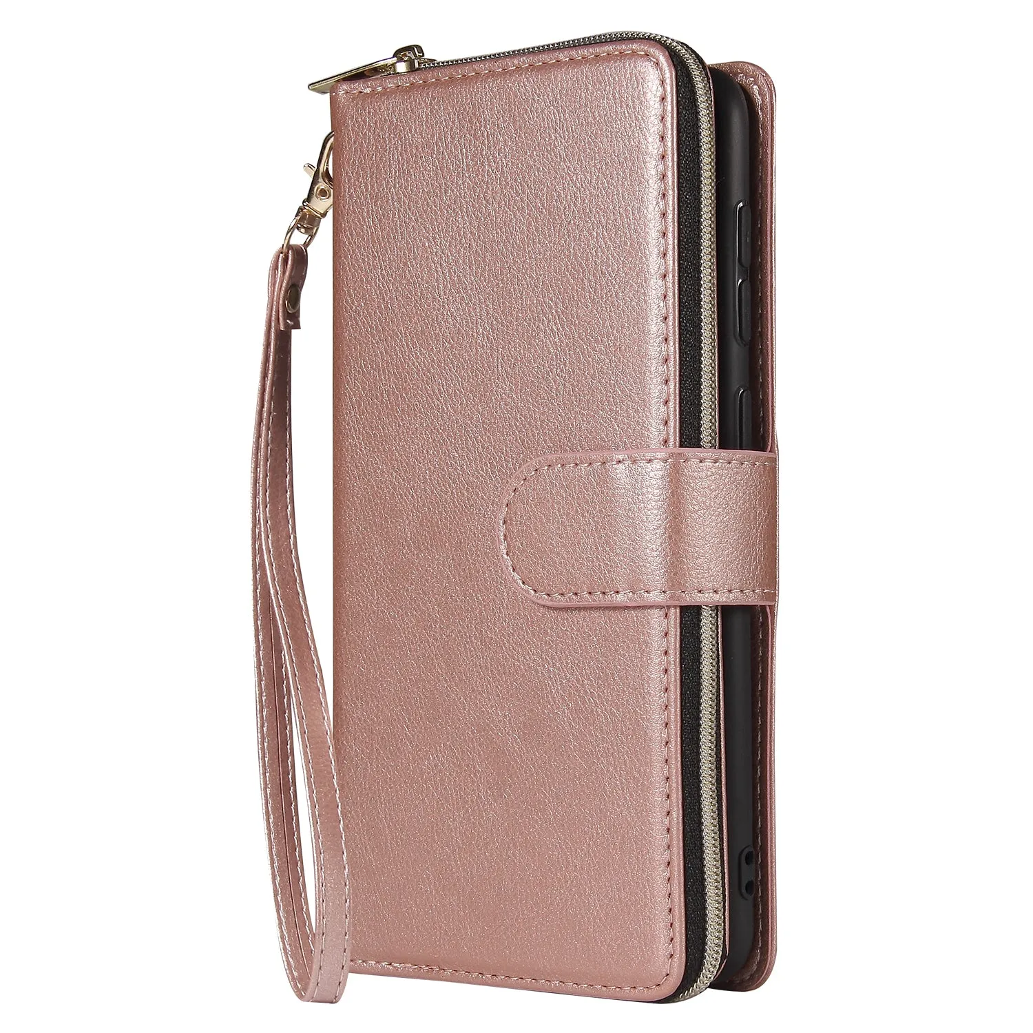 For Samsung A10/A20/A30/A50/A30S/A50S Pu Leather  Mobile Phone Cover Zipper Card Bag   Wrist Strap Rose gold