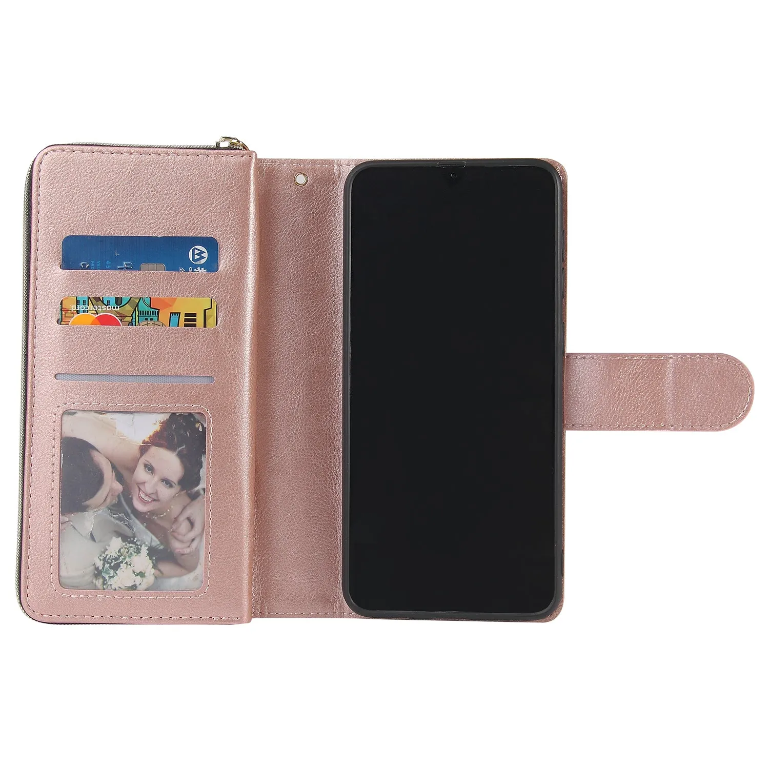 For Samsung A10/A20/A30/A50/A30S/A50S Pu Leather  Mobile Phone Cover Zipper Card Bag   Wrist Strap Rose gold