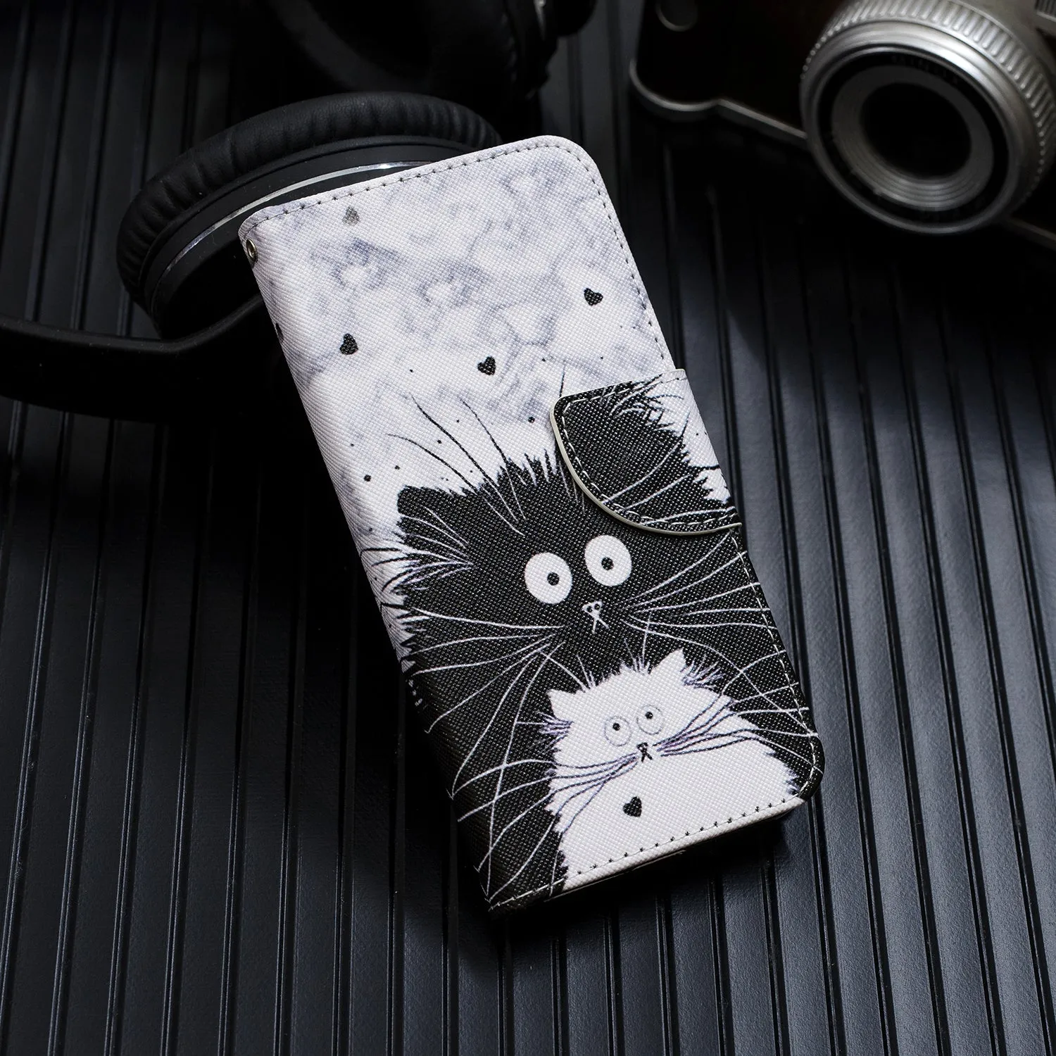 For Samsung A10S/A20S Smartphone Case PU Leather Phone Shell Lovely Cartoon Pattern Card Slots Overall Protection Black white cat