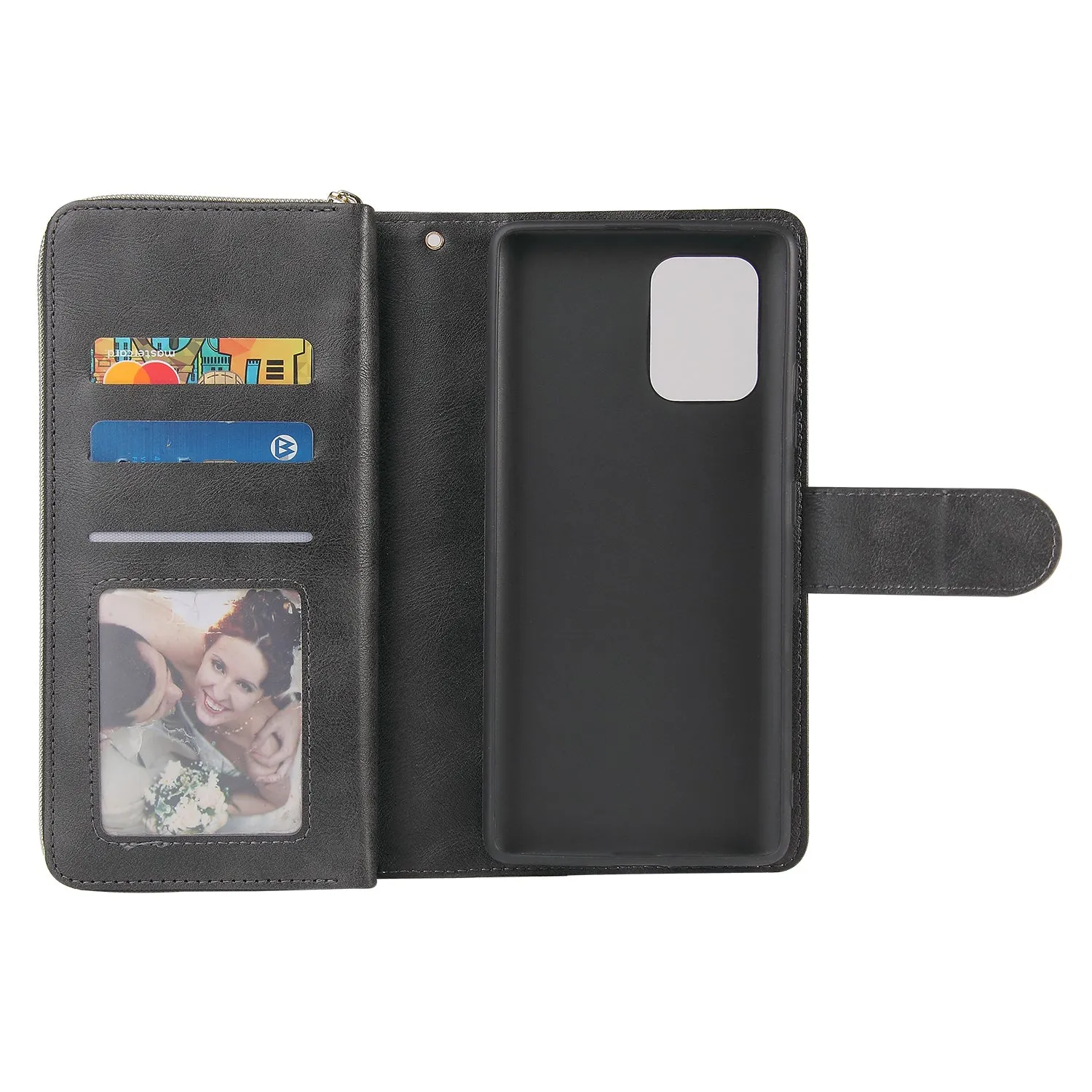 For Samsung A51 5G/A71 5G/Note 10 pro Pu Leather  Mobile Phone Cover Zipper Card Bag   Wrist Strap black