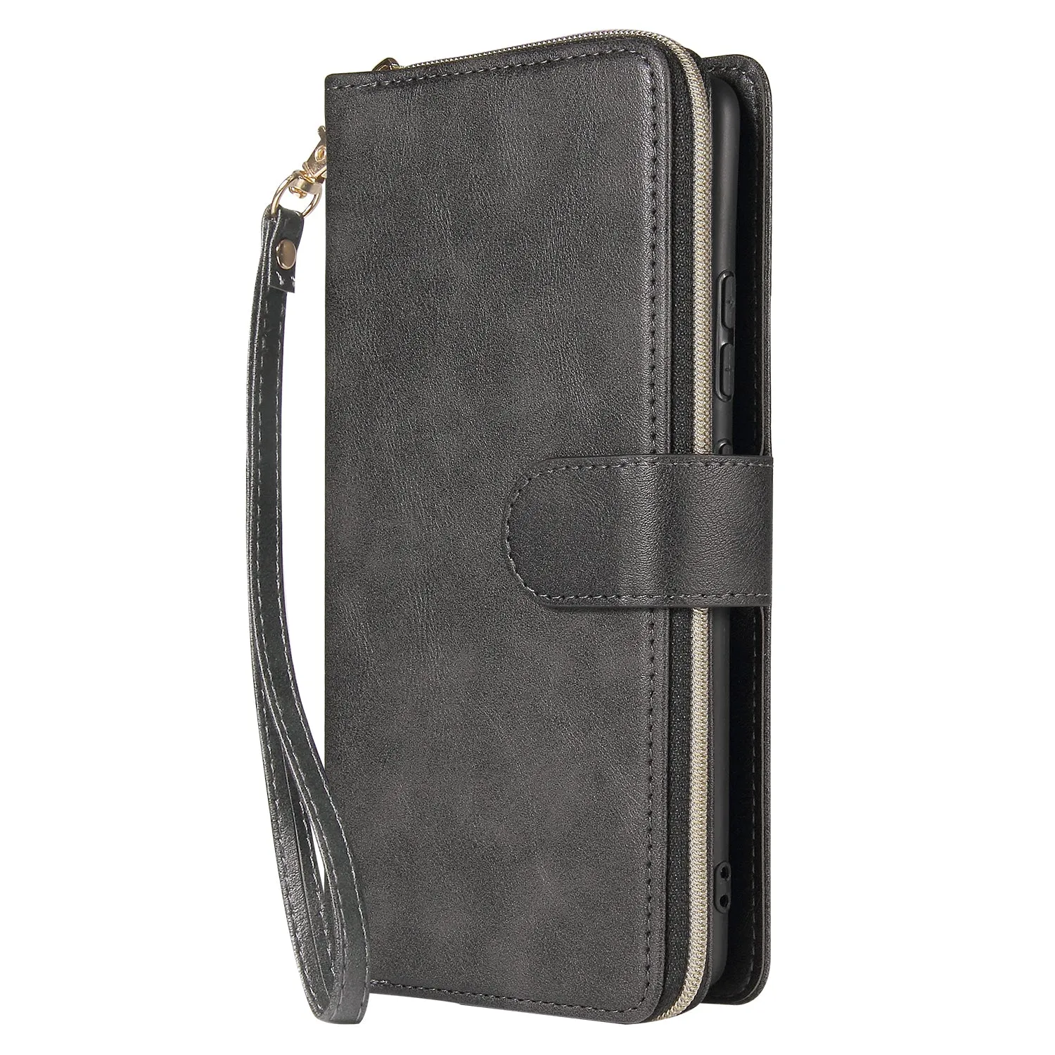 For Samsung A51 5G/A71 5G/Note 10 pro Pu Leather  Mobile Phone Cover Zipper Card Bag   Wrist Strap black