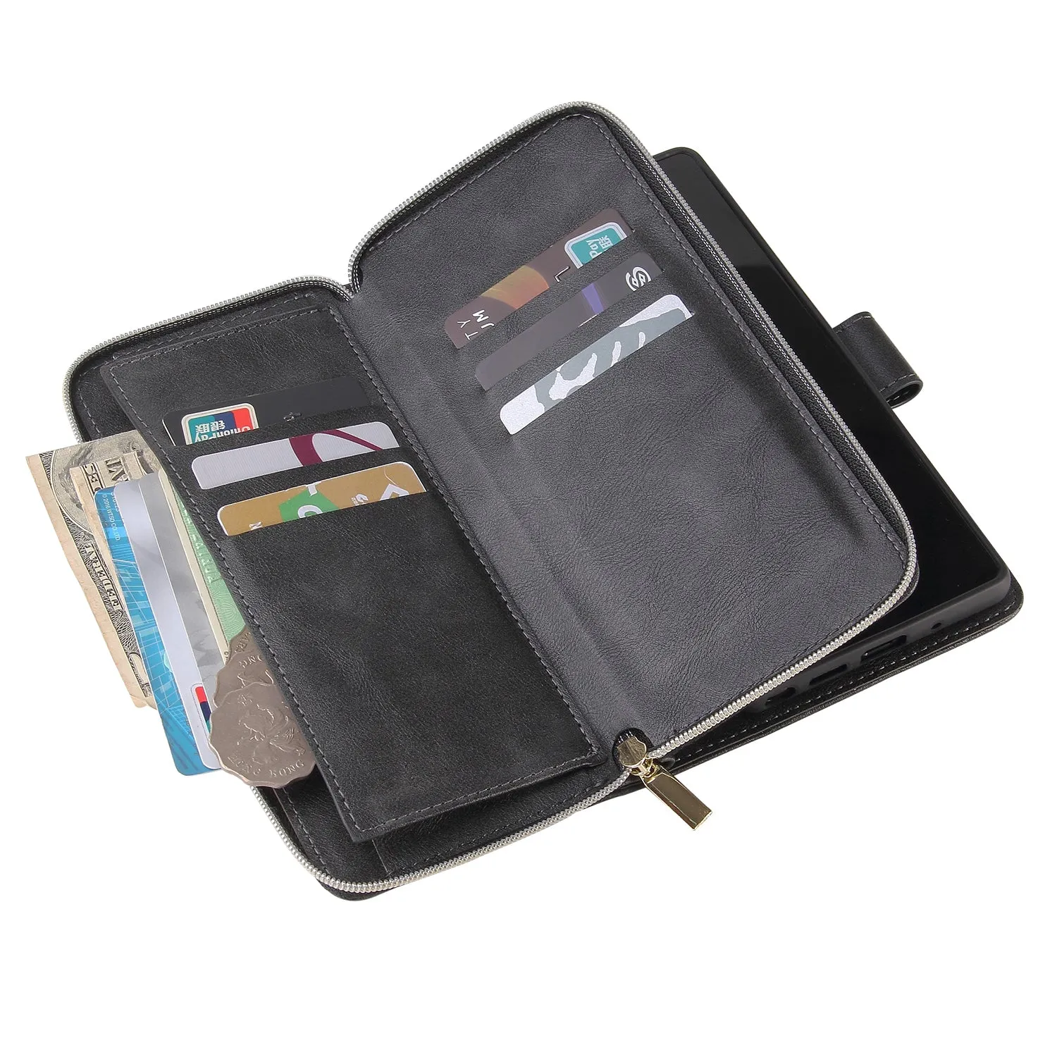 For Samsung A51 5G/A71 5G/Note 10 pro Pu Leather  Mobile Phone Cover Zipper Card Bag   Wrist Strap black