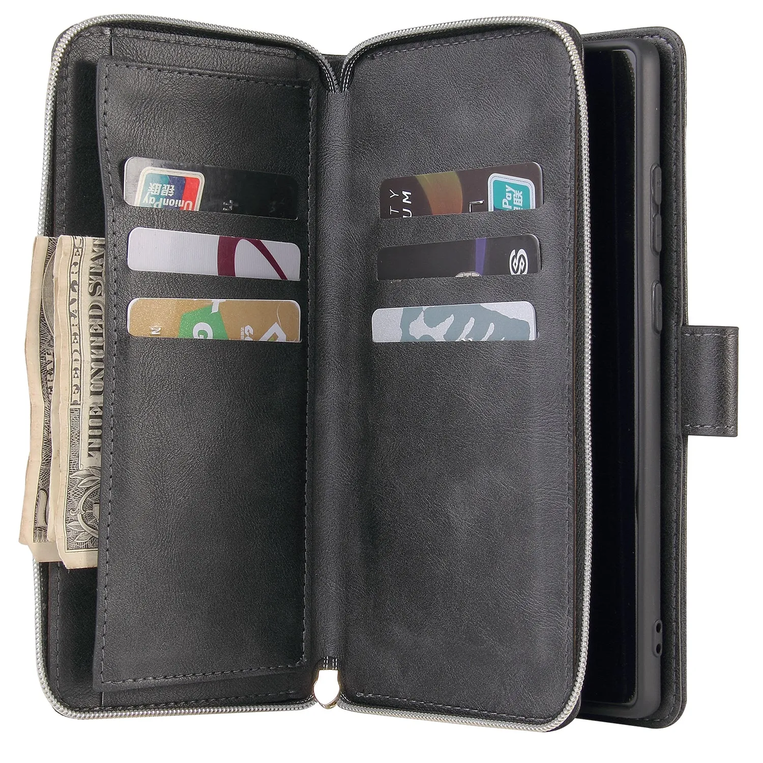 For Samsung A51 5G/A71 5G/Note 10 pro Pu Leather  Mobile Phone Cover Zipper Card Bag   Wrist Strap black