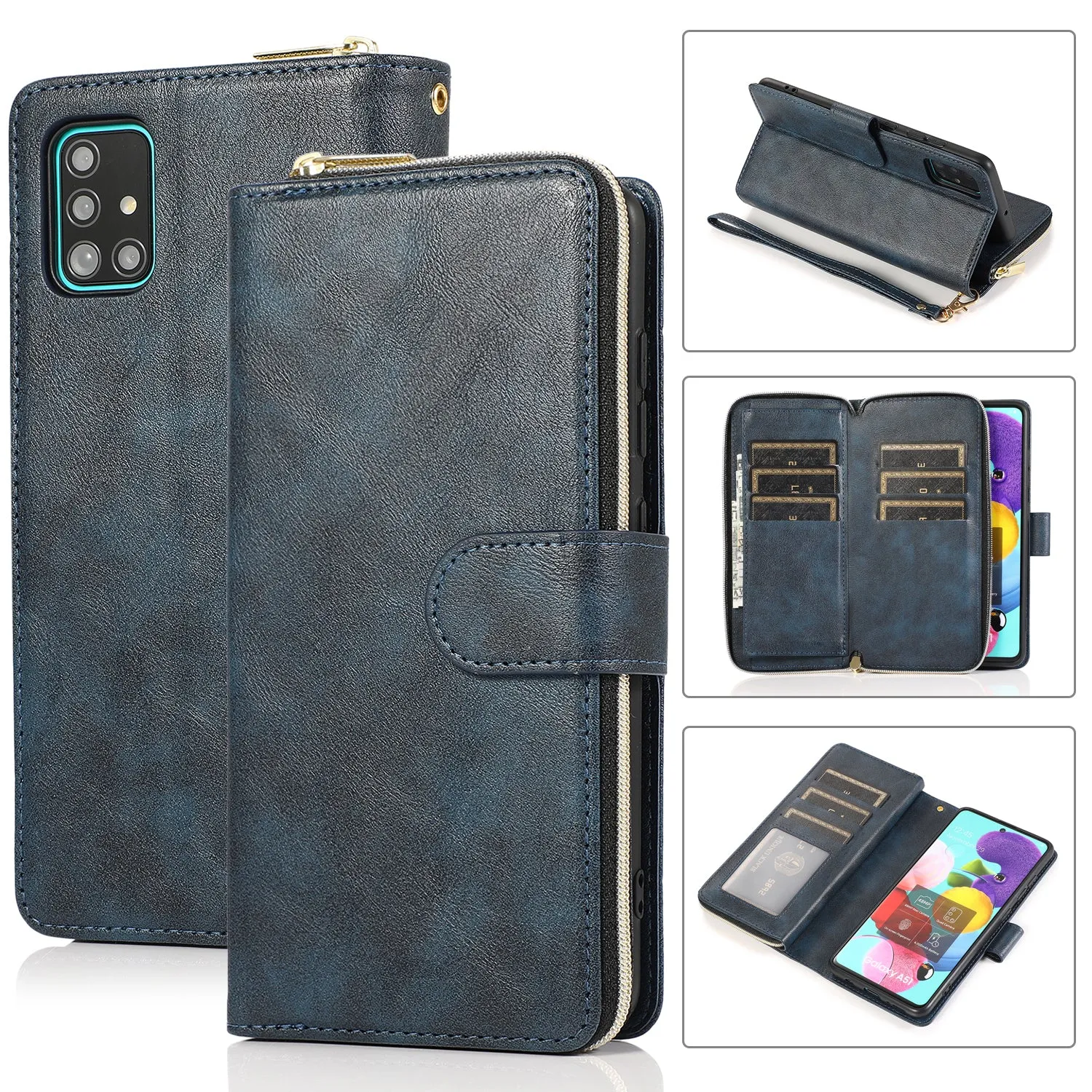 For Samsung A51 5G/A71 5G/Note 10 pro Pu Leather  Mobile Phone Cover Zipper Card Bag   Wrist Strap blue