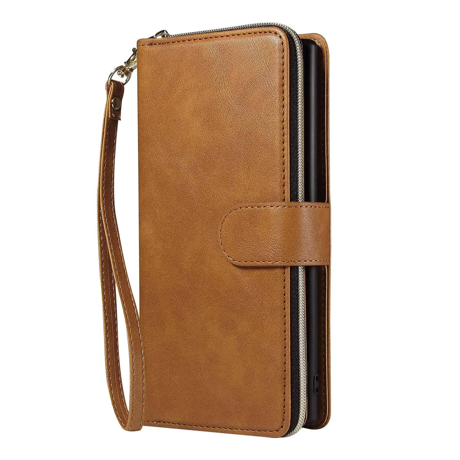 For Samsung A51 5G/A71 5G/Note 10 pro Pu Leather  Mobile Phone Cover Zipper Card Bag   Wrist Strap brown