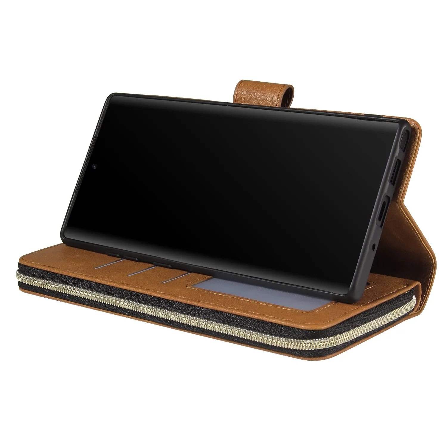 For Samsung A51 5G/A71 5G/Note 10 pro Pu Leather  Mobile Phone Cover Zipper Card Bag   Wrist Strap brown