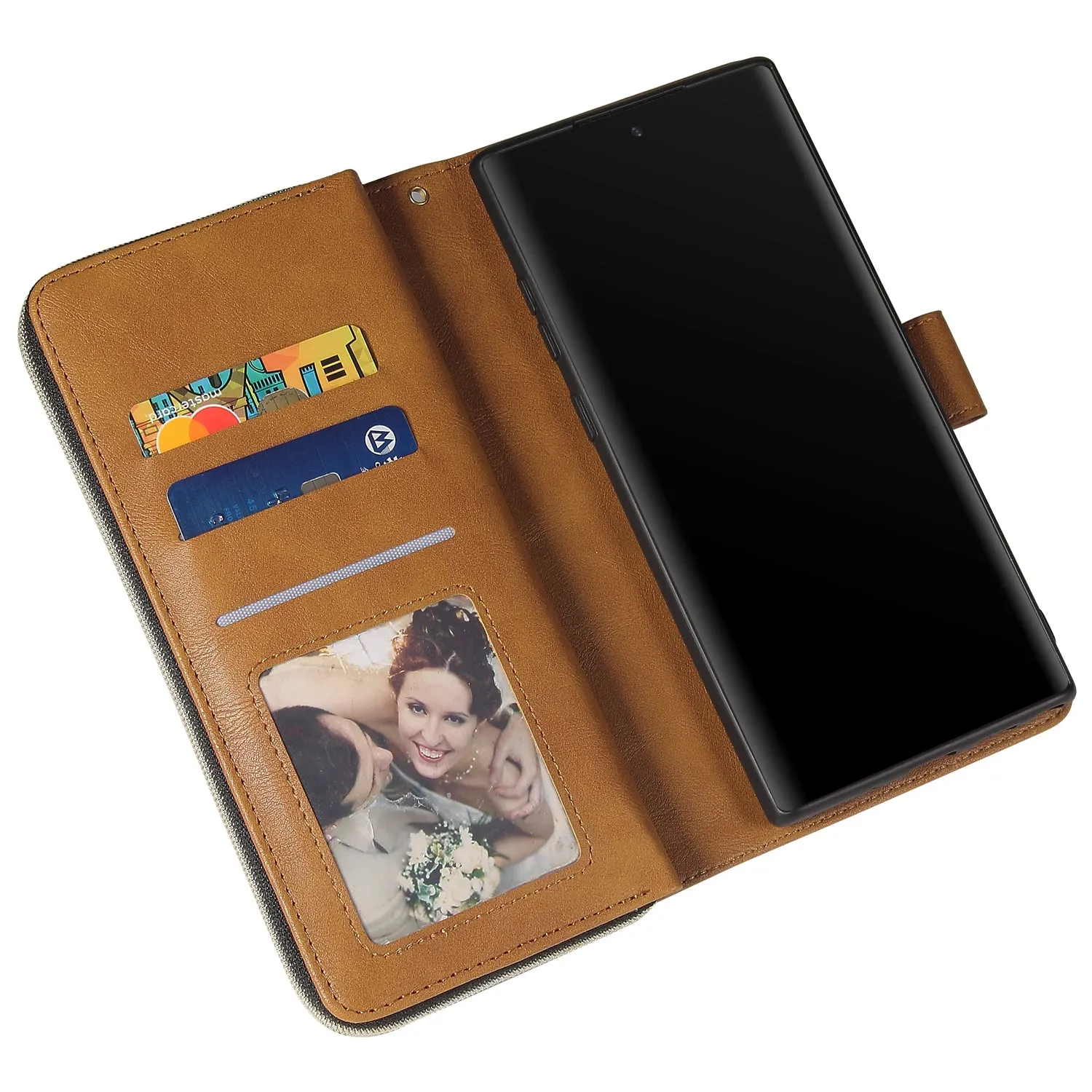 For Samsung A51 5G/A71 5G/Note 10 pro Pu Leather  Mobile Phone Cover Zipper Card Bag   Wrist Strap brown
