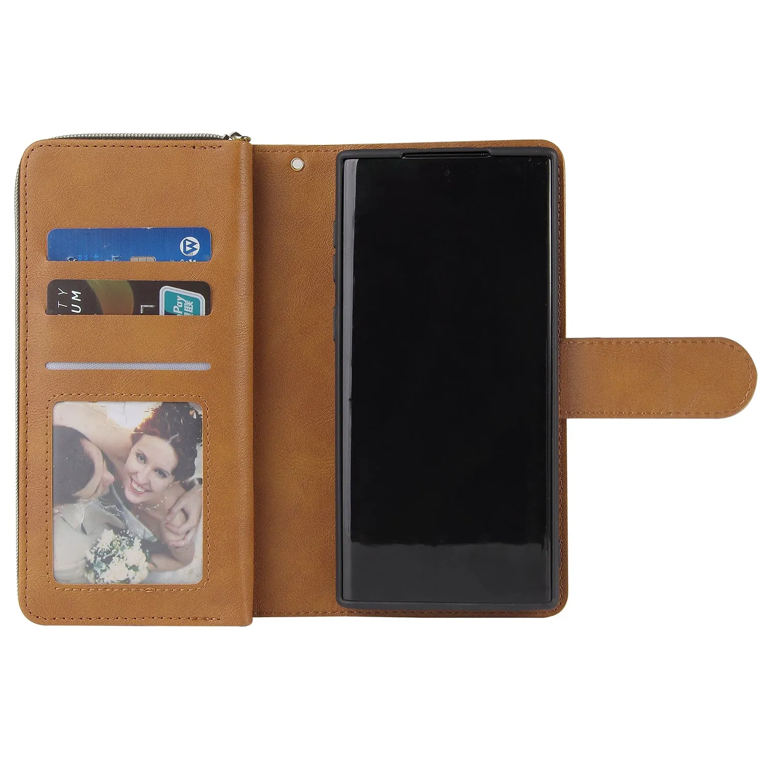 For Samsung A51 5G/A71 5G/Note 10 pro Pu Leather  Mobile Phone Cover Zipper Card Bag   Wrist Strap brown