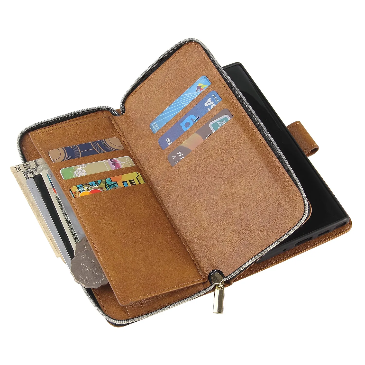 For Samsung A51 5G/A71 5G/Note 10 pro Pu Leather  Mobile Phone Cover Zipper Card Bag   Wrist Strap brown