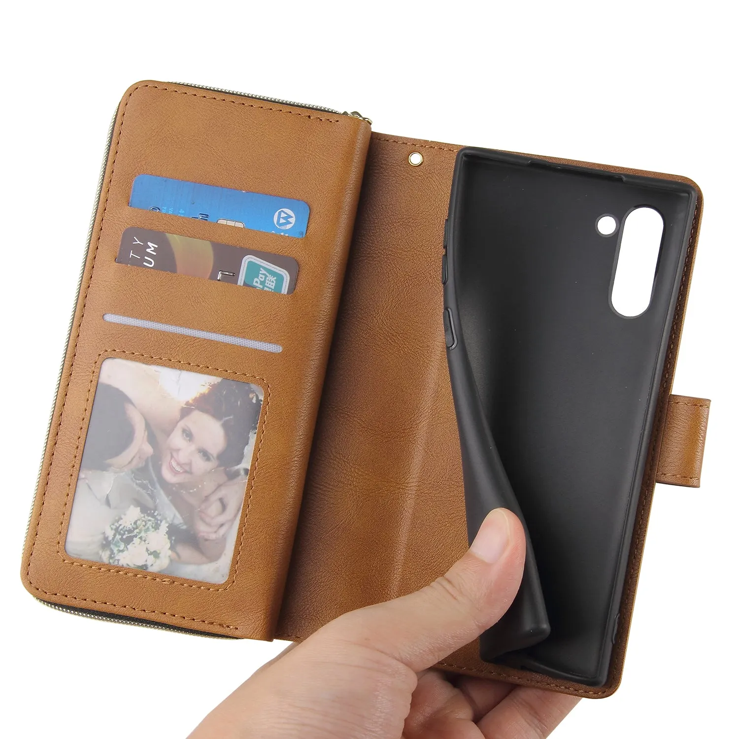 For Samsung A51 5G/A71 5G/Note 10 pro Pu Leather  Mobile Phone Cover Zipper Card Bag   Wrist Strap brown