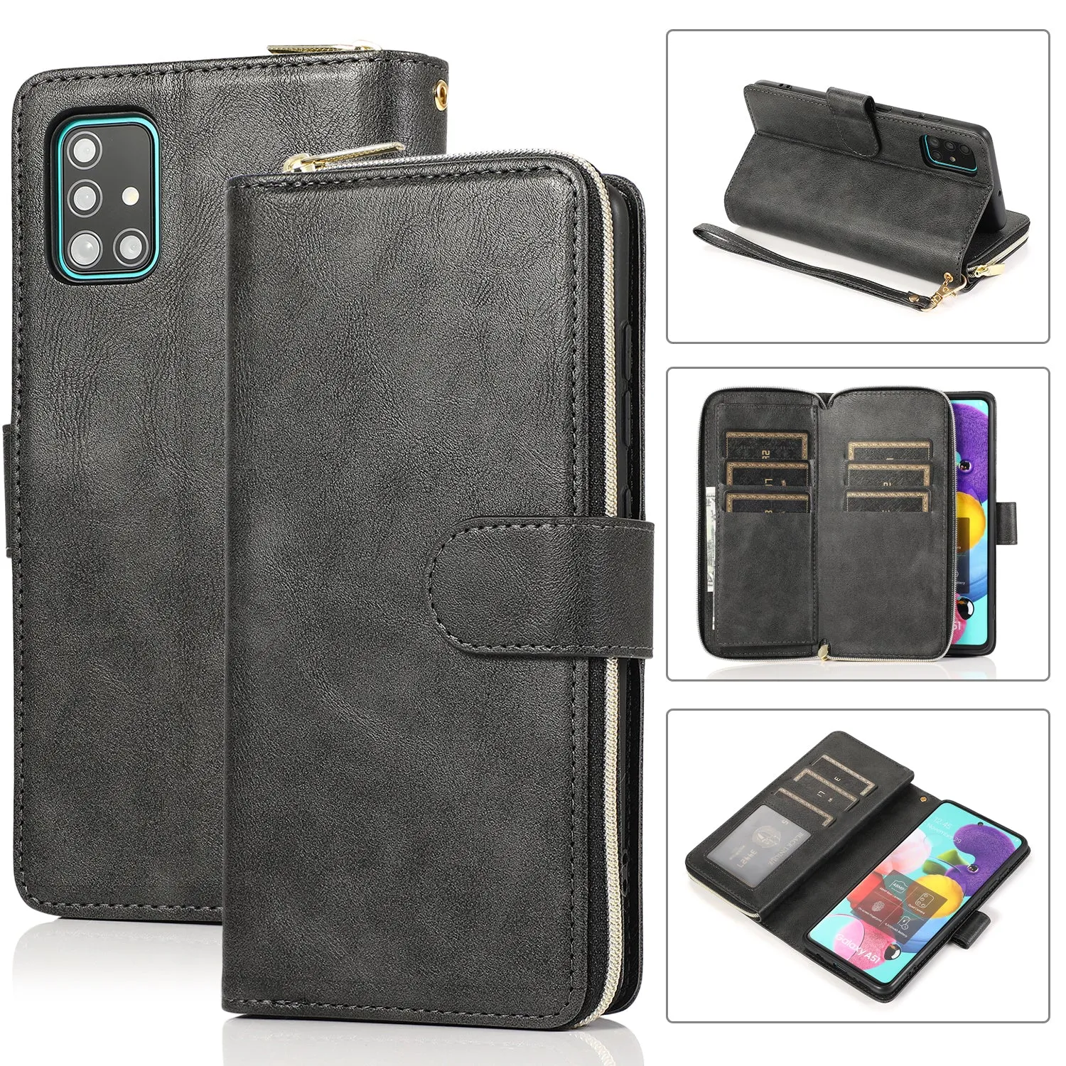 For Samsung A51 5G/A71 5G/Note 10 pro Pu Leather  Mobile Phone Cover Zipper Card Bag   Wrist Strap Red wine