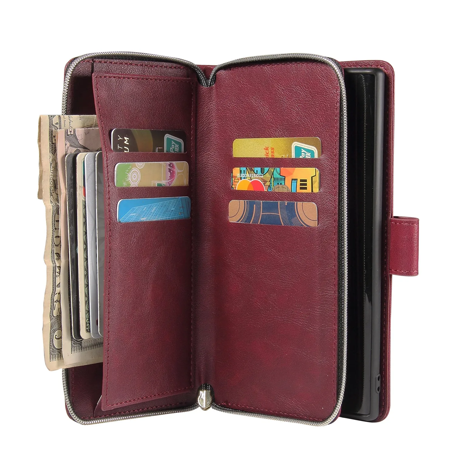For Samsung A51 5G/A71 5G/Note 10 pro Pu Leather  Mobile Phone Cover Zipper Card Bag   Wrist Strap Red wine