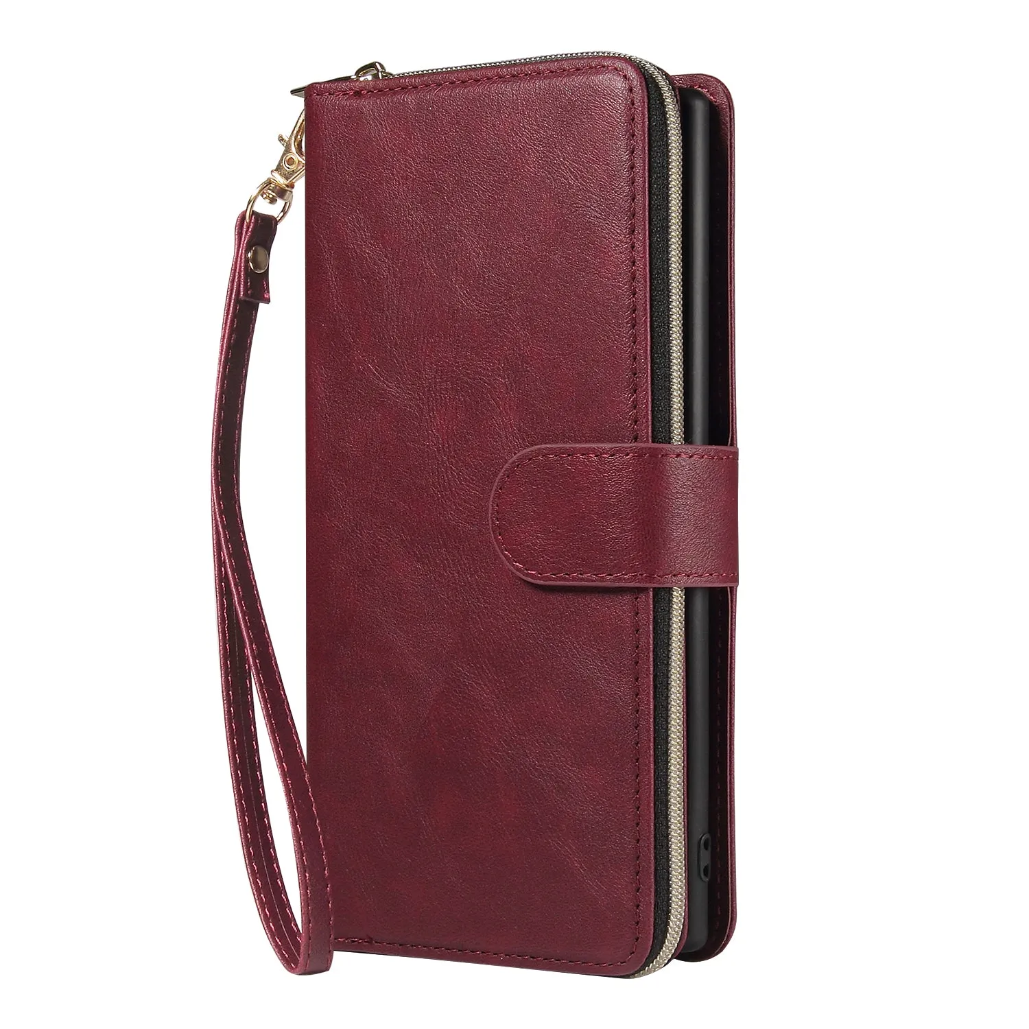 For Samsung A51 5G/A71 5G/Note 10 pro Pu Leather  Mobile Phone Cover Zipper Card Bag   Wrist Strap Red wine