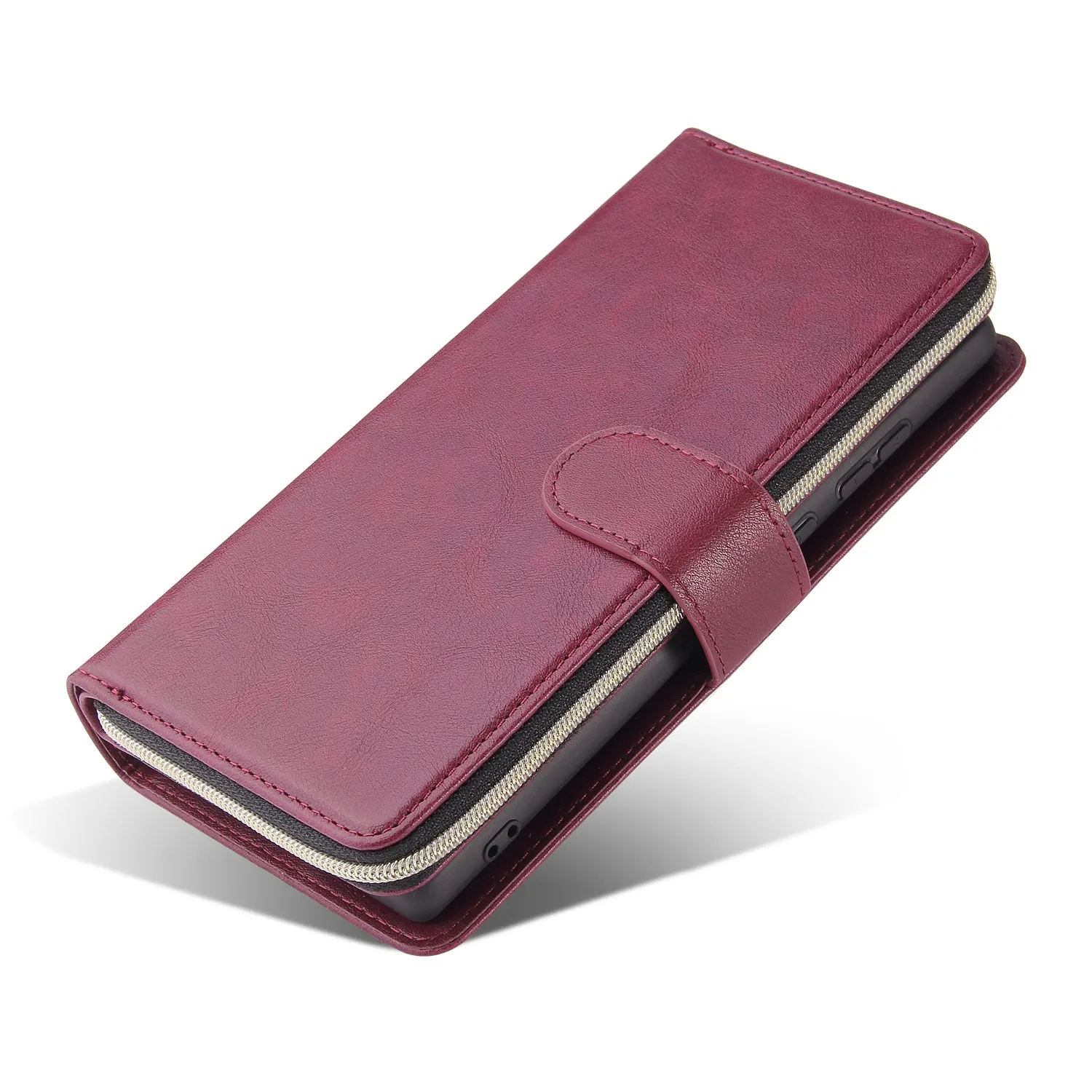 For Samsung A51 5G/A71 5G/Note 10 pro Pu Leather  Mobile Phone Cover Zipper Card Bag   Wrist Strap Red wine