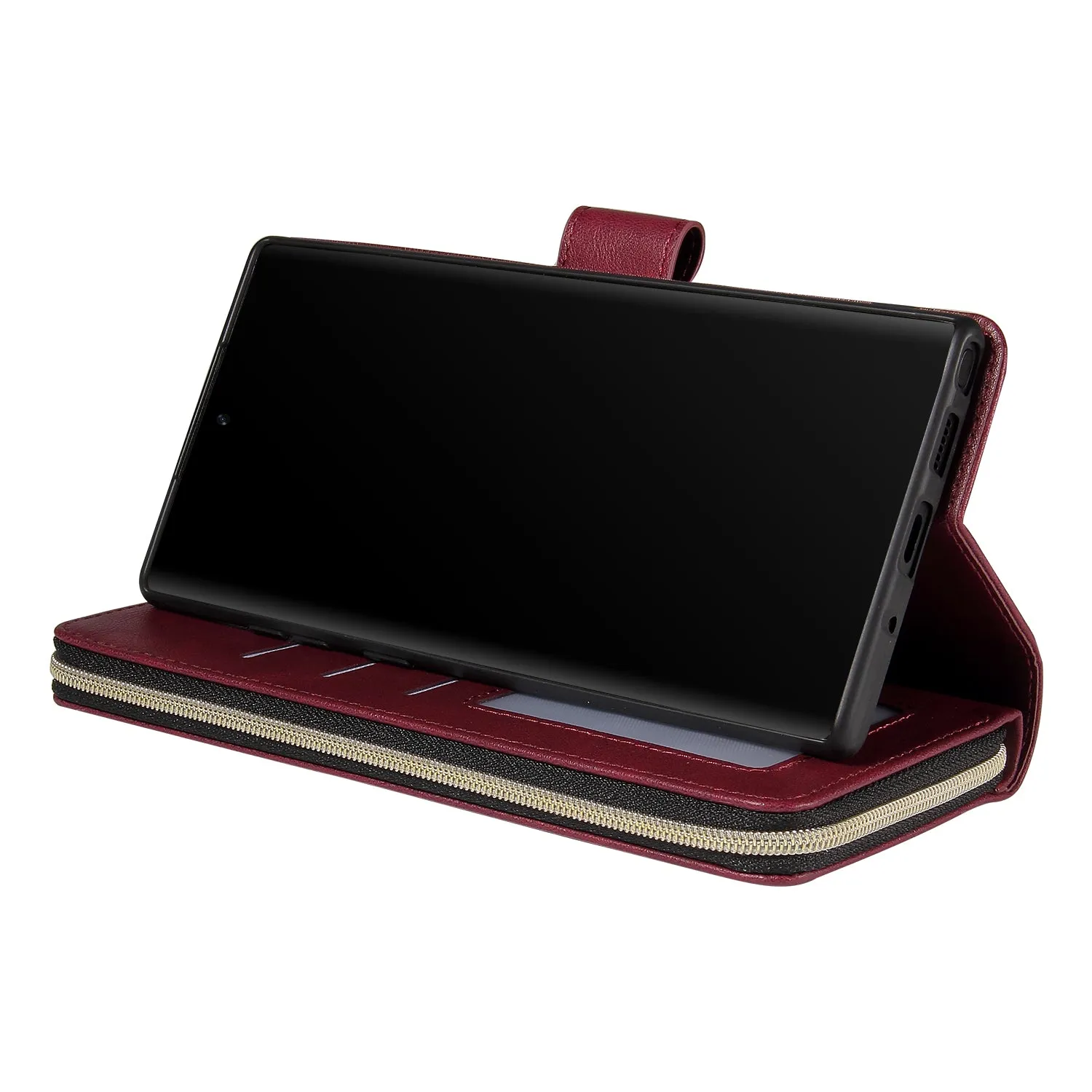 For Samsung A51 5G/A71 5G/Note 10 pro Pu Leather  Mobile Phone Cover Zipper Card Bag   Wrist Strap Red wine