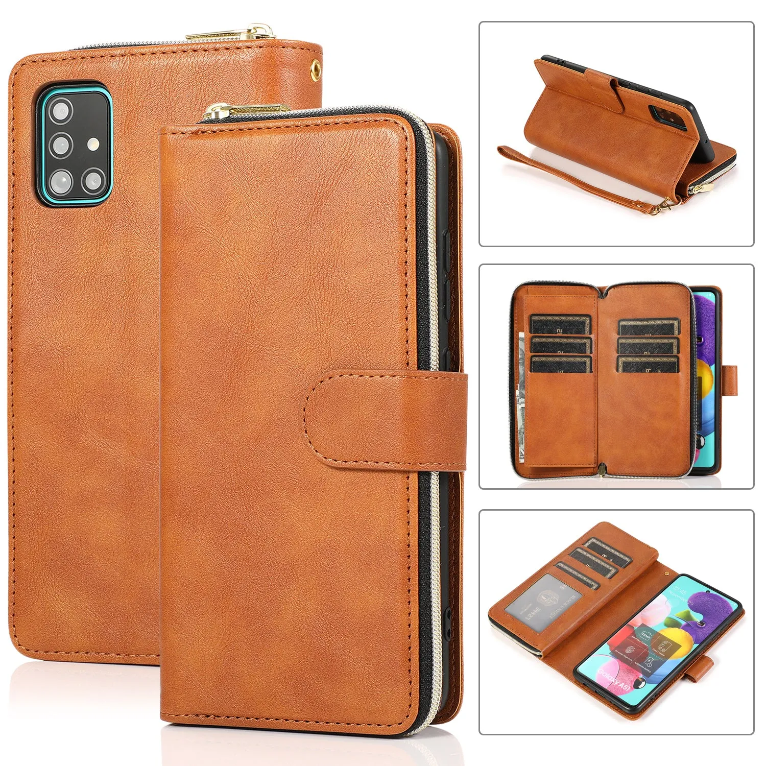 For Samsung A51 5G/A71 5G/Note 10 pro Pu Leather  Mobile Phone Cover Zipper Card Bag   Wrist Strap Red wine