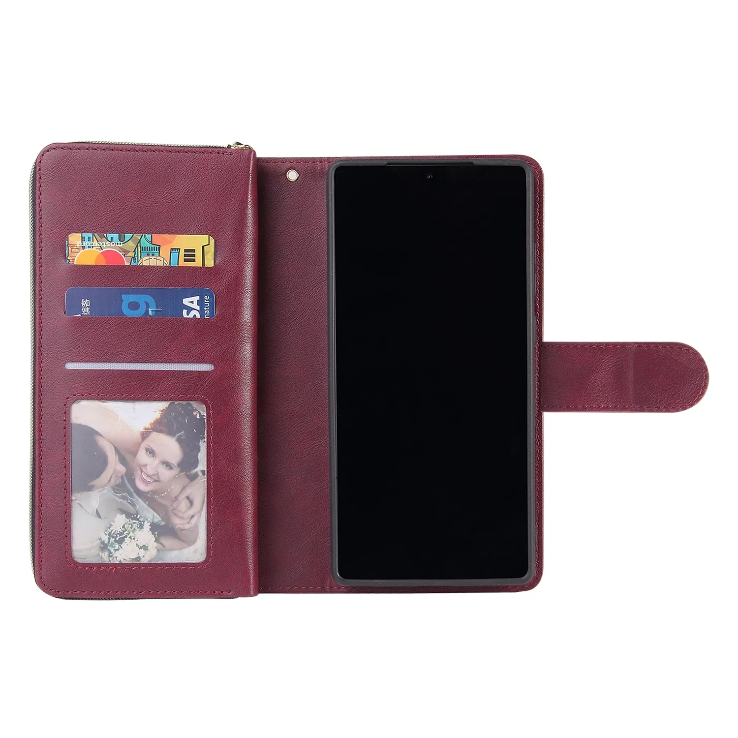 For Samsung A51 5G/A71 5G/Note 10 pro Pu Leather  Mobile Phone Cover Zipper Card Bag   Wrist Strap Red wine