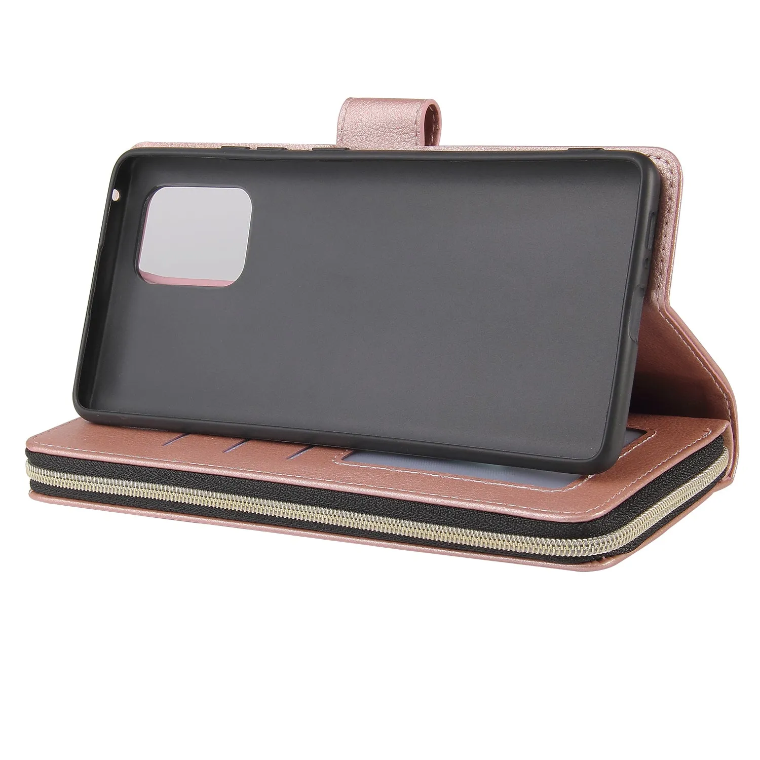 For Samsung A51 5G/A71 5G/Note 10 pro Pu Leather  Mobile Phone Cover Zipper Card Bag   Wrist Strap Rose gold