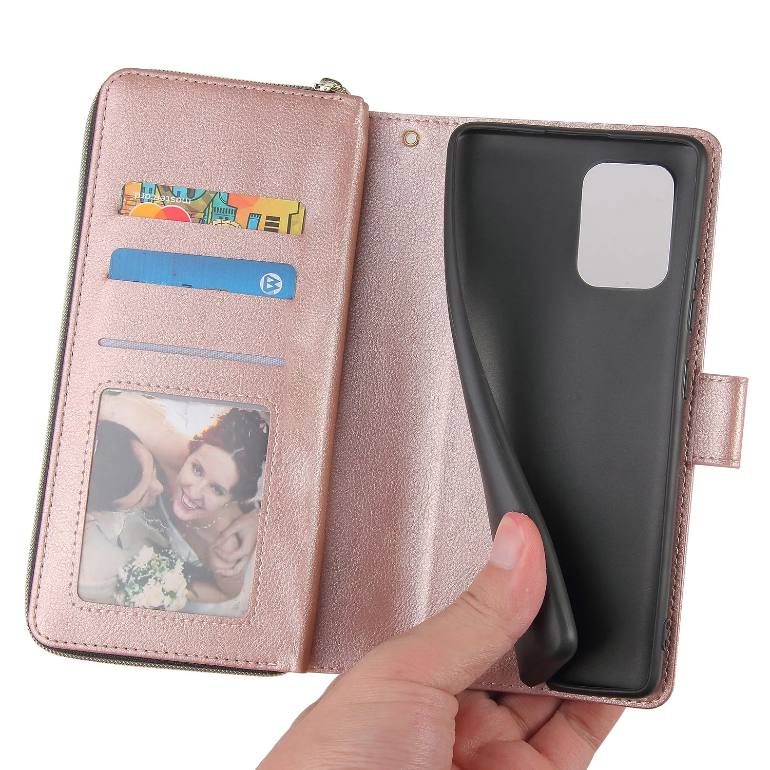 For Samsung A51 5G/A71 5G/Note 10 pro Pu Leather  Mobile Phone Cover Zipper Card Bag   Wrist Strap Rose gold