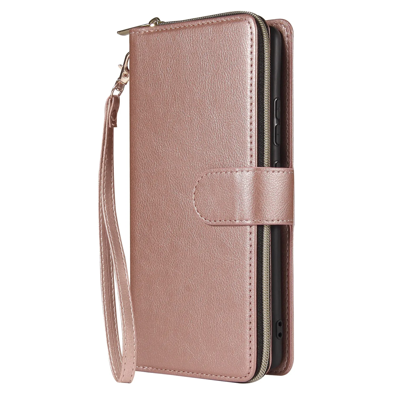 For Samsung A51 5G/A71 5G/Note 10 pro Pu Leather  Mobile Phone Cover Zipper Card Bag   Wrist Strap Rose gold