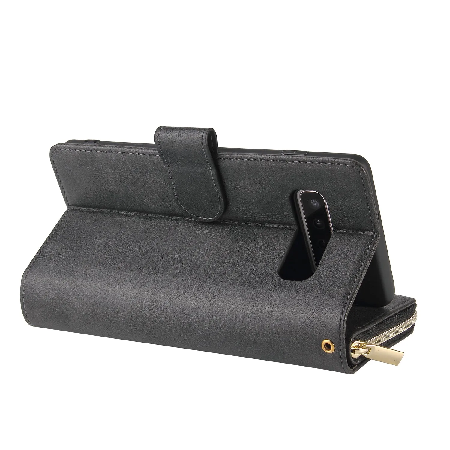For Samsung S10/S20/S10E/ S10 Plus Pu Leather  Mobile Phone Cover Zipper Card Bag   Wrist Strap black